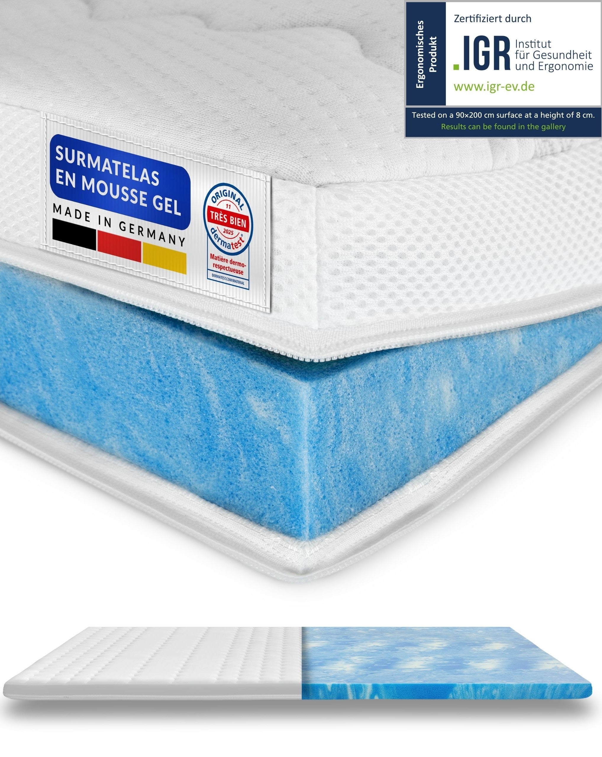 Surmatelas Orthopédique Mousse Froide 70x200 Cm - 10 Cm Épaisseur, Confort Ferme & Protection Matelas, Fabriqué En Allemagne, Certifié OEKO-TEX