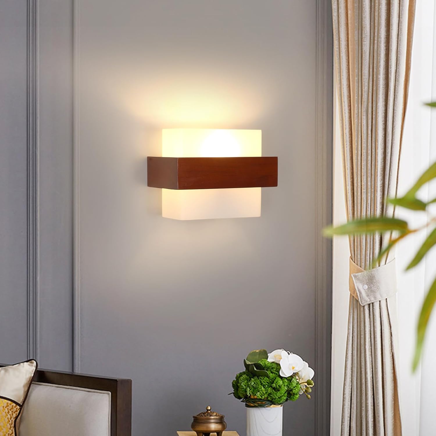 GOECO Applique Murale Intérieure, Moderne E27 Lampe Murale en Bois et Verre, Minimaliste Luminaire Mural Interieur pour Chambre, Salon, Salle à Manger - 2