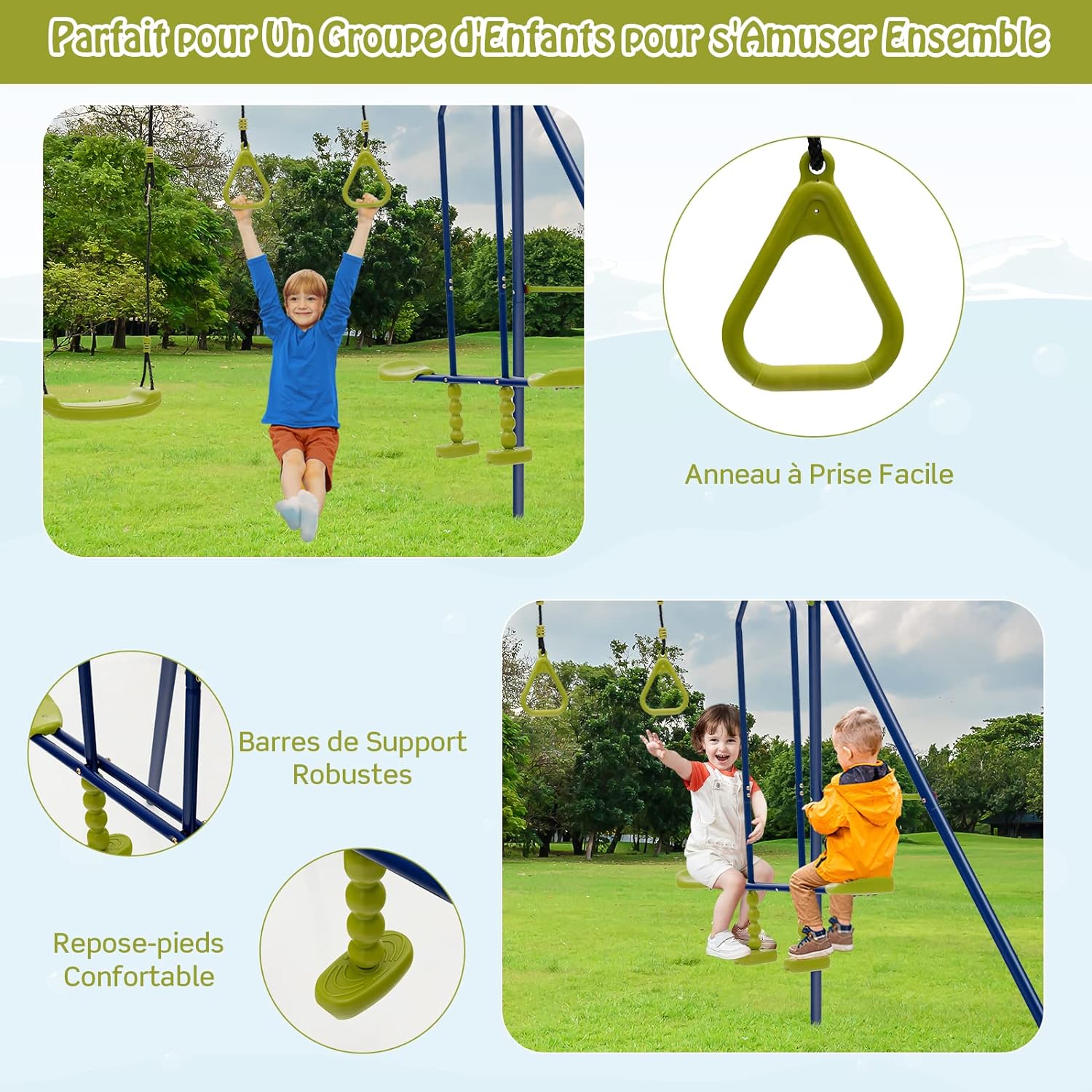 Set Altalene da Giardino per Bambini, Altalena 3 in 1 con Supporto in Metallo, Altalena a Doppio, Anelli da Ginnastica, Capacità 150 kg, per E - 4