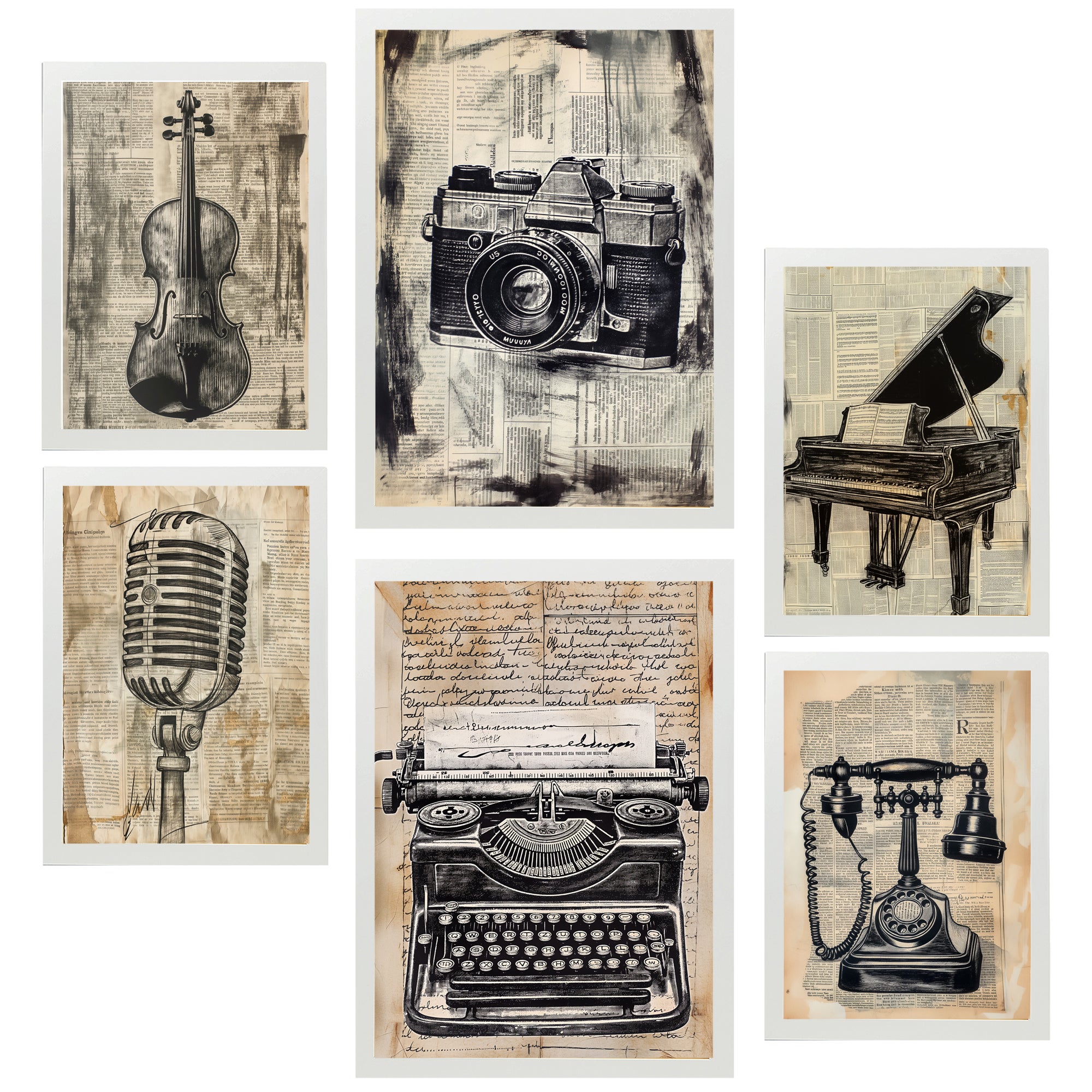 Set de 6 vintage love. camera, micro, piano, violin, telephone cuadros con ilustración de diseño para decorar. tienda. a3 y a4. marco blanco