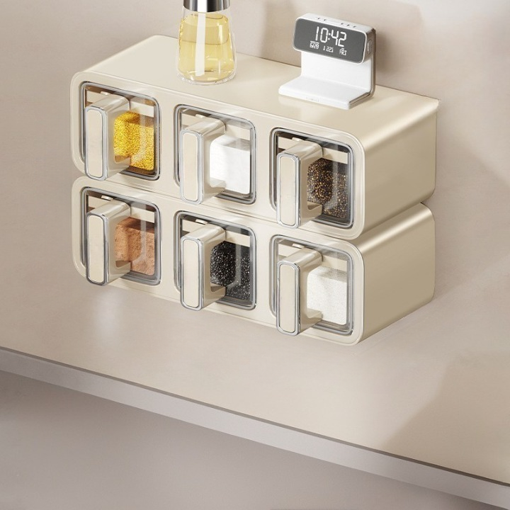 Pojemnik na przyprawy kuchenne, zestaw 6 słoików na przyprawy, montaż ścienny, bez wiercenia, do przechowywania soli i innych przypraw