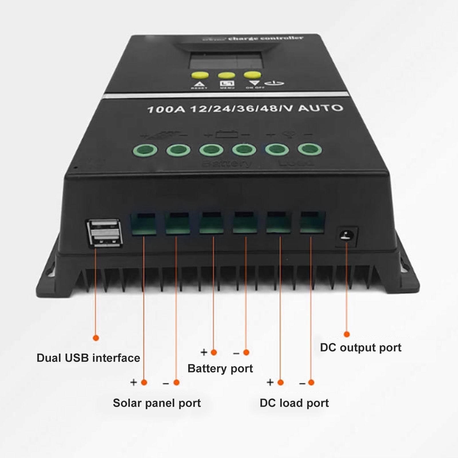 Controlador de carga solar MPPT, porta USB dupla, ecrã LCD retroiluminado, regulador adaptativo para painéis solares de 12V, 24V, 36V e 48V - 3