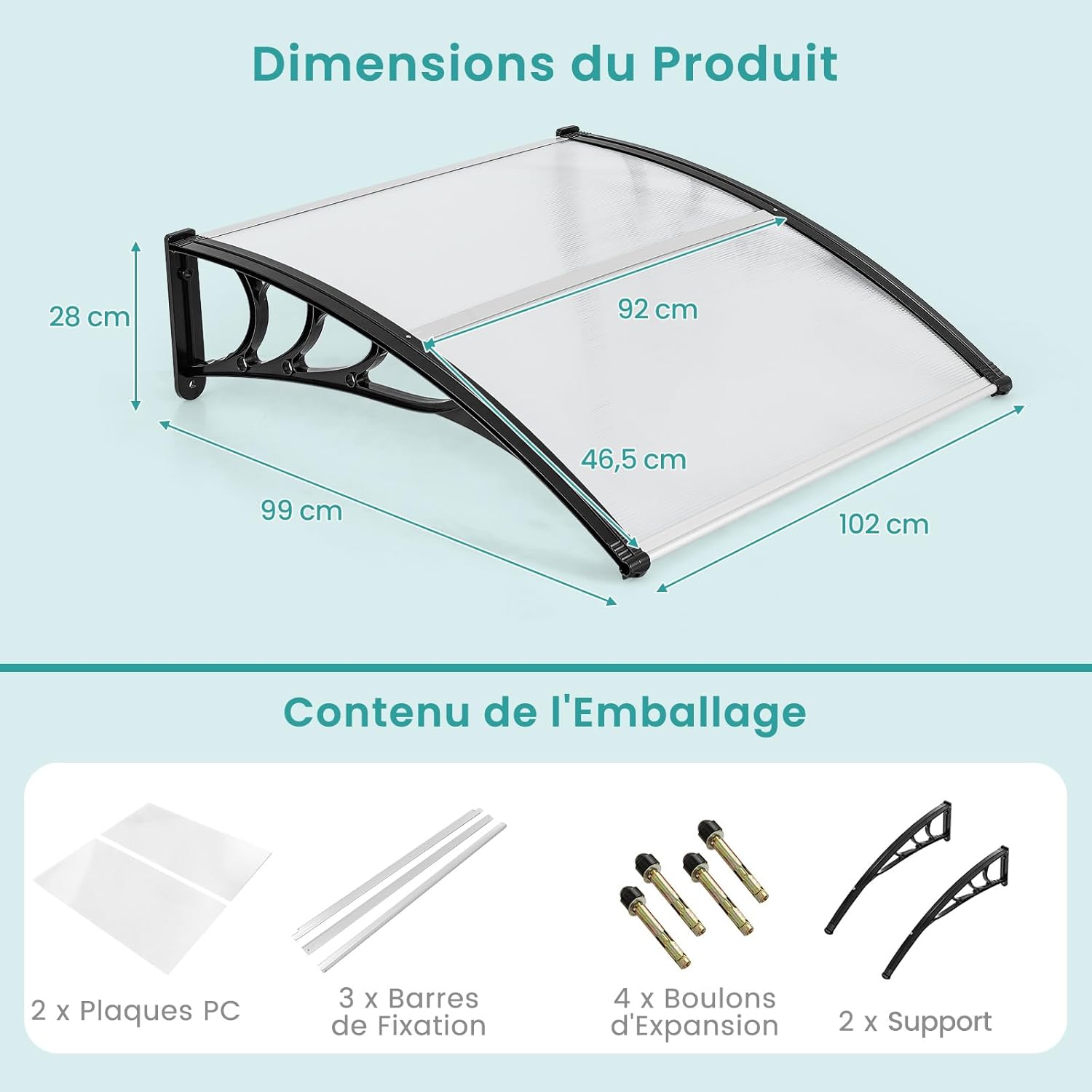 Toldo para porta de entrada 102 x 99 cm Proteção solar, marquise para porta e janela exterior Placa em policarbonato Proteção contra chuva - 3