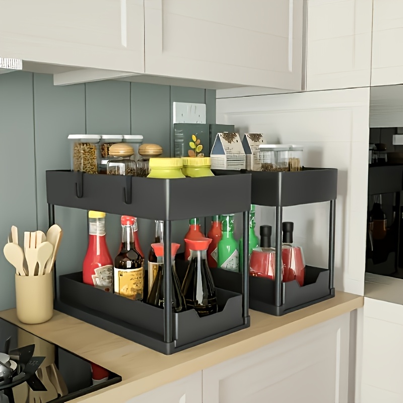 2-pak 2-warstwowych organizerów wsuwanych pod zlew, plastikowy kosz do przechowywania, na przyprawy kuchenne, organizer do szuflady szafki łazienkowej - 5