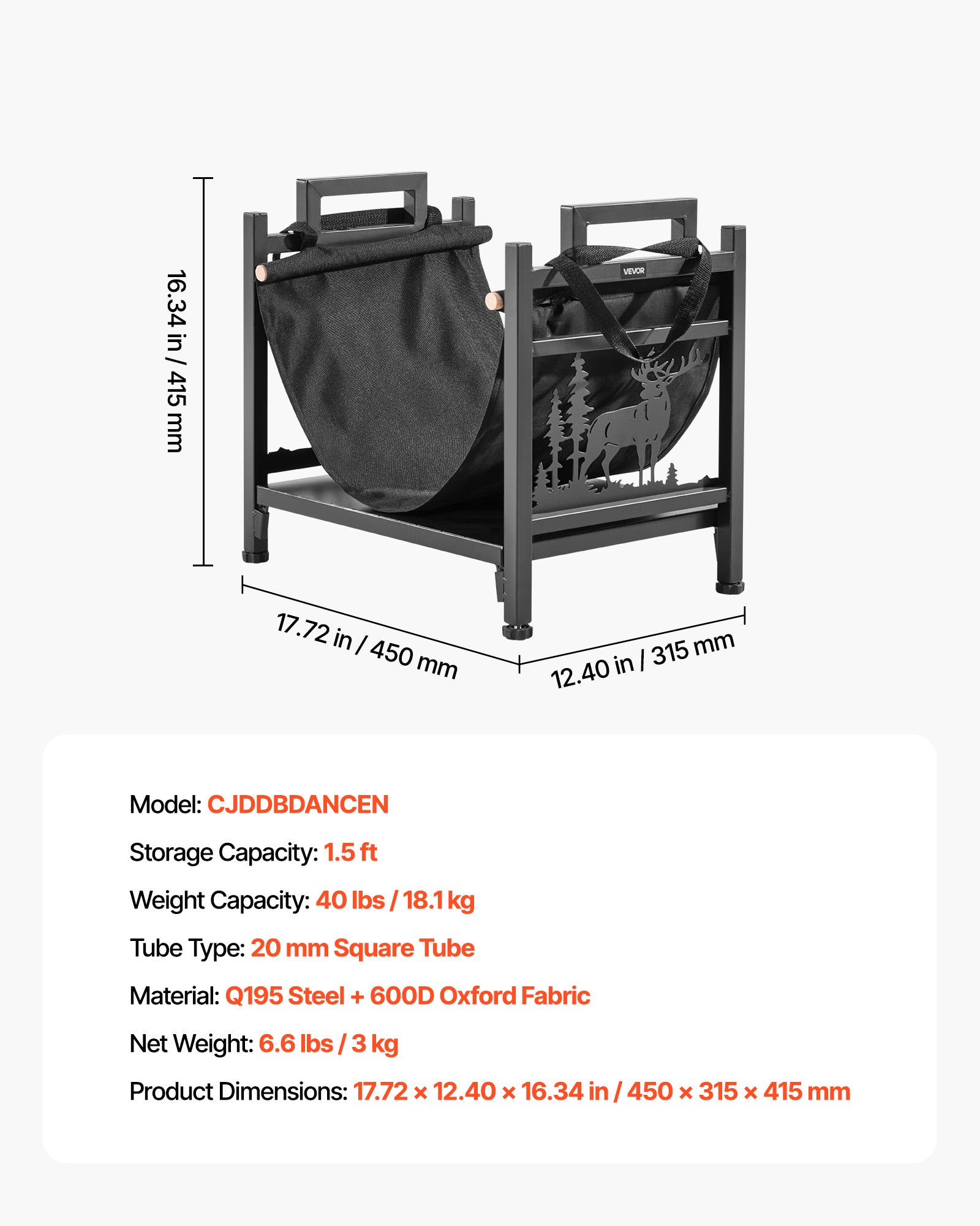 Support à bois VEVOR chauffage d'intérieur, range-bûches incurvé 450 x 315 x 415 mm, avec support en toile, charge 18,1 kg, en acier thermolaqué - 7