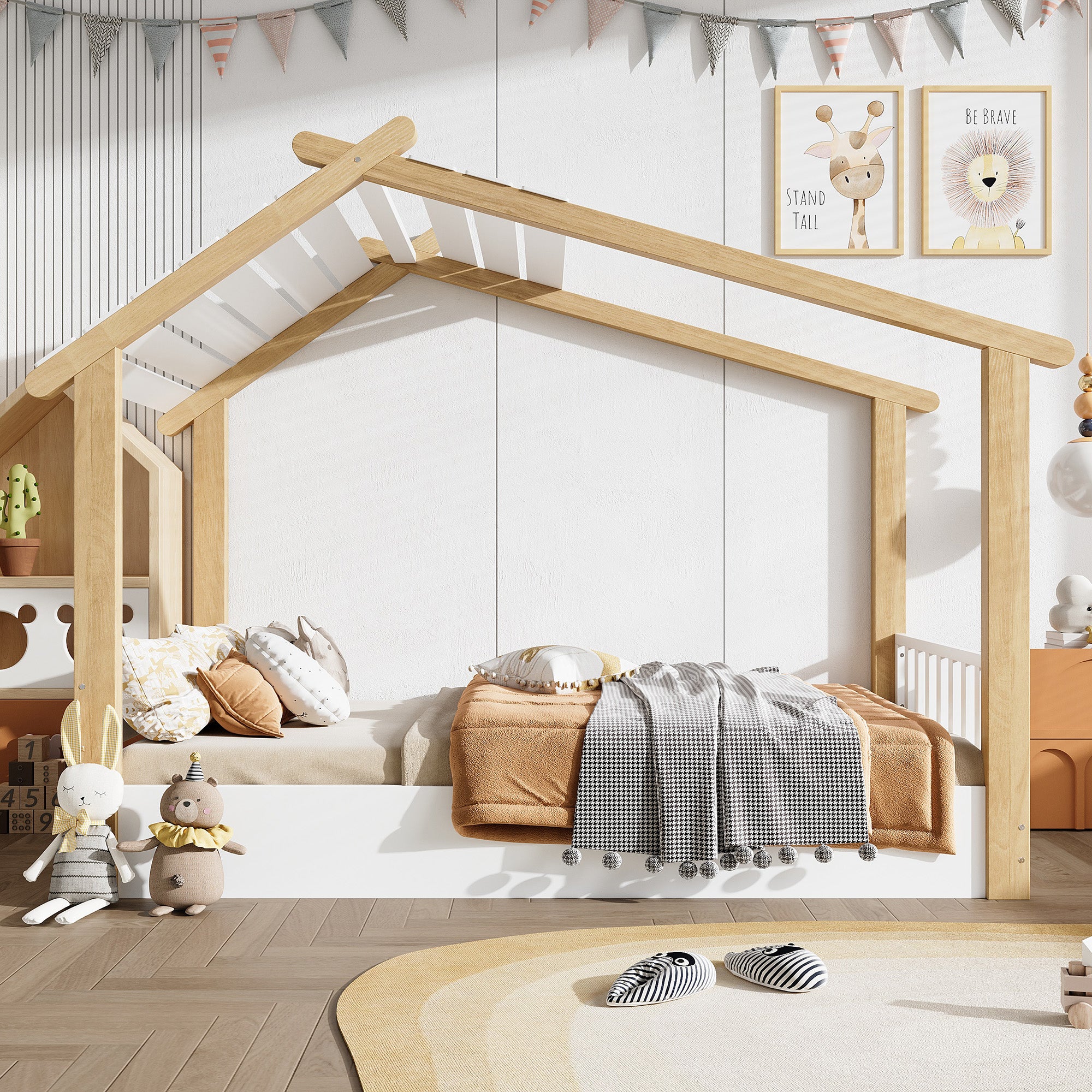 Łóżko Dziecięce 90x200cm z Poduszką - Konstrukcja z Sosny - Plyta Wielowarstwowa i MDF - Elegancki Design Domku z Drewna - Kolor Biały i Naturalny