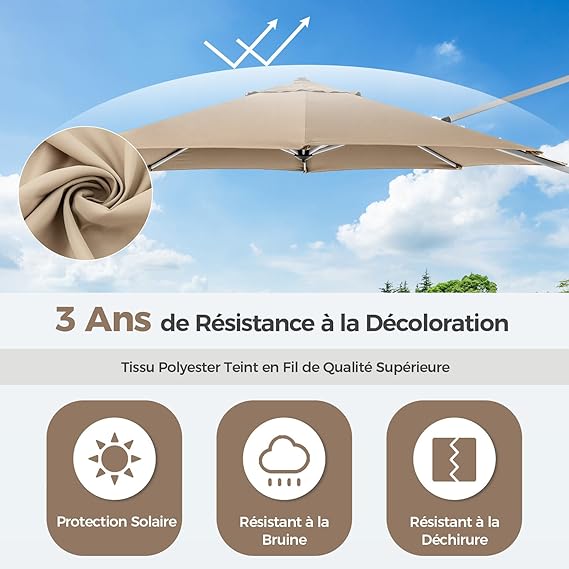 Parasol Déporté Φ339CM, Parasol de Jardin Rond Inclinable avec Base en Croix, 5 Angles et Hauteurs Réglables, Manivelle et Double Toit, Beige - 3
