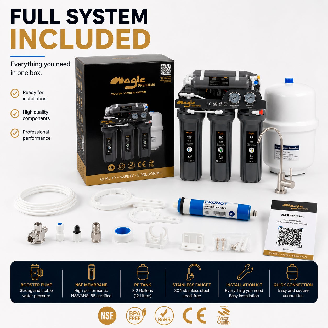 MAGIC PREMIUM Osmoseur Inverse Professionnel 5 Étapes NSF 2:1 avec Pompe Booster - 10