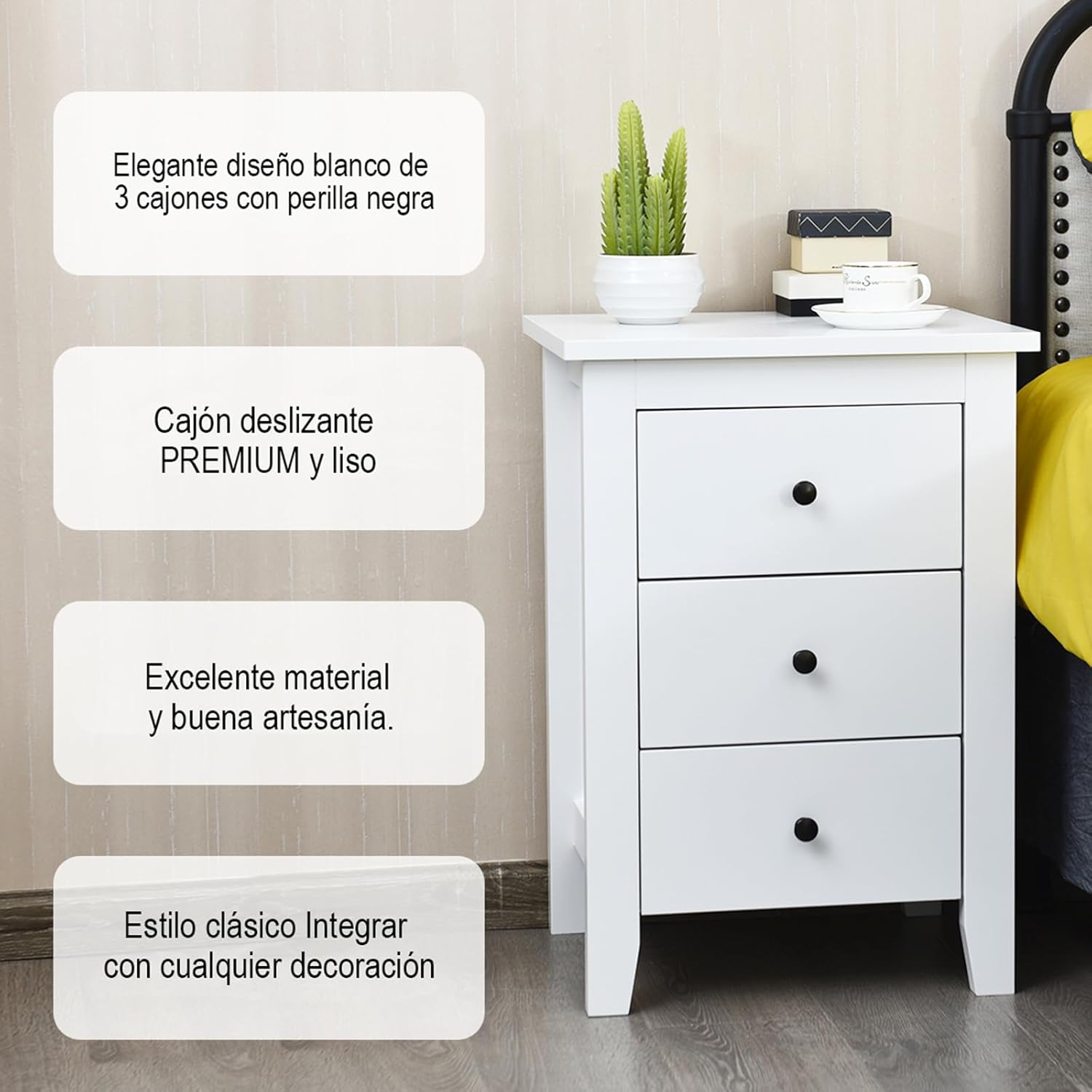 Juego de 2 Mesitas de Noche de Madera, Mesa de Noche con 3 Cajones de Almacenamiento Espaciosos, Mueble de Almacenamiento Moderno para Dormitorio - 8