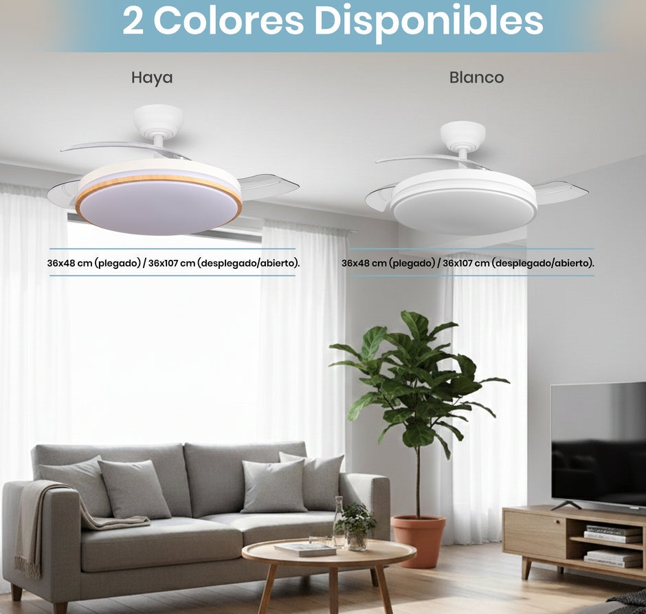 Ventilador de techo con luz LED regulable 60 W 107 cm, aspas retráctiles motor DC silencioso 6 velocidades, mando y memoria, Blanco - 4
