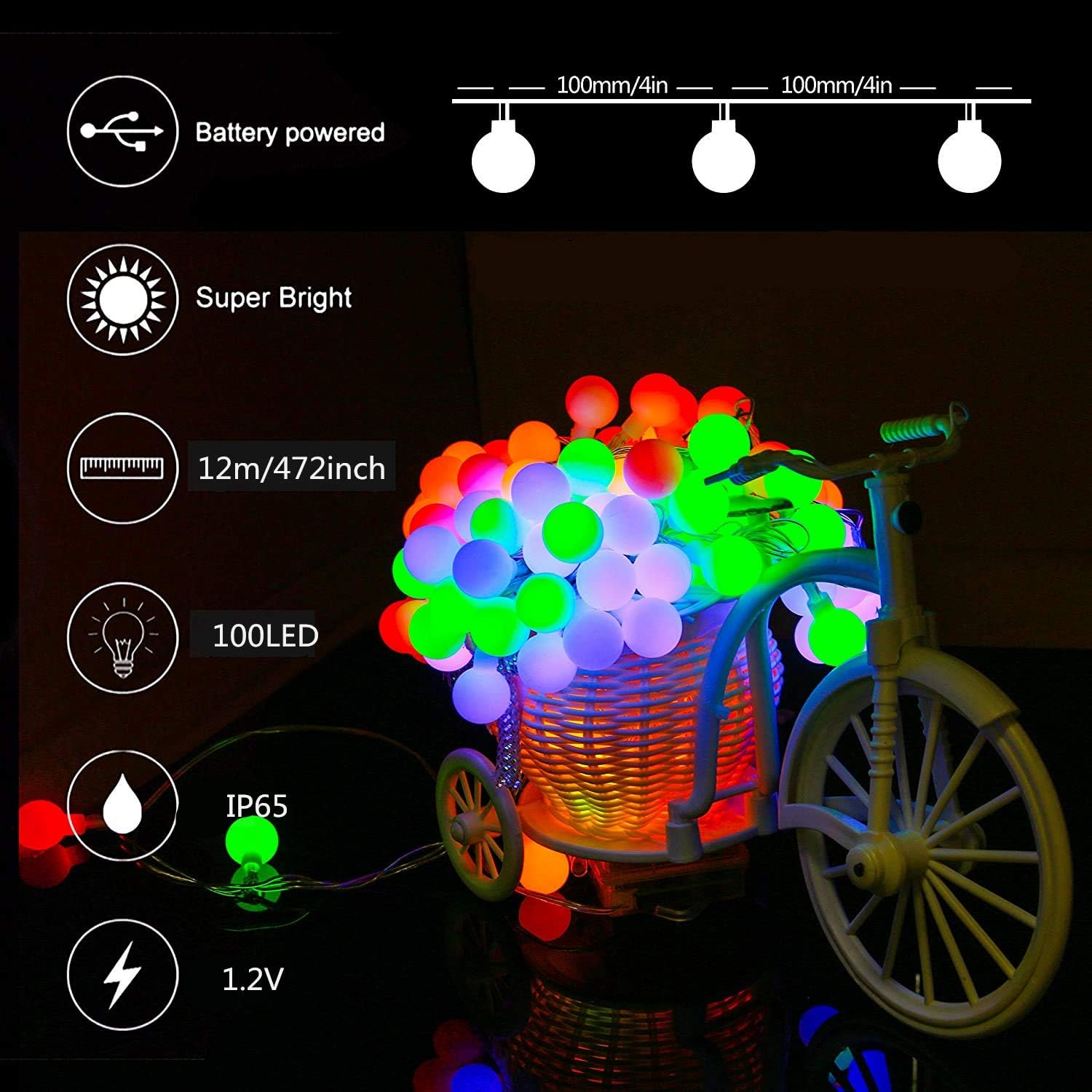 Guirlande extérieure Solaire,100 LED 12m Guirlande extérieure Couleur Extérieure et Interieur IP65 Etanche 8 Modes,pour Noël,Fête,Jardin,Terrasse - 2