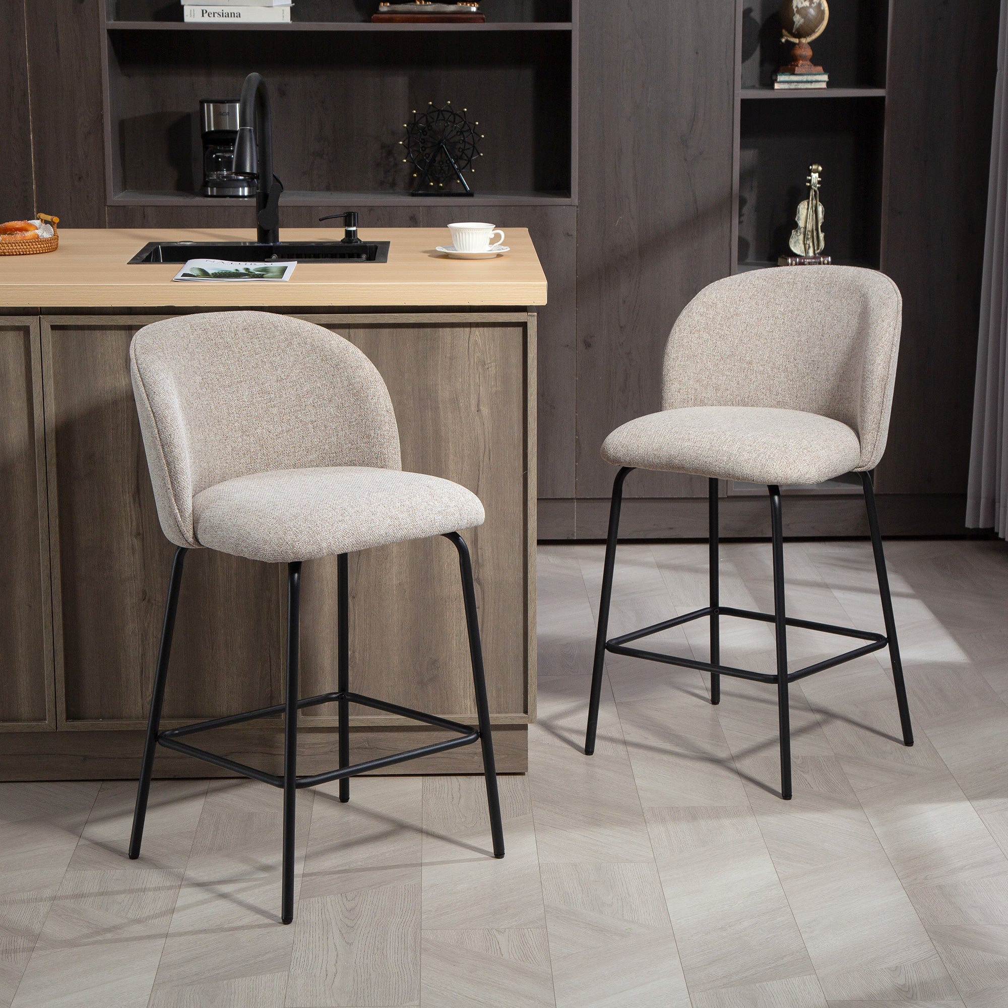 HOMCOM Set 2 Sgabelli da Bar con Schienale e Poggiapiedi, Rivestimento in Tessuto e Gambe in Acciaio, Grigio - 2