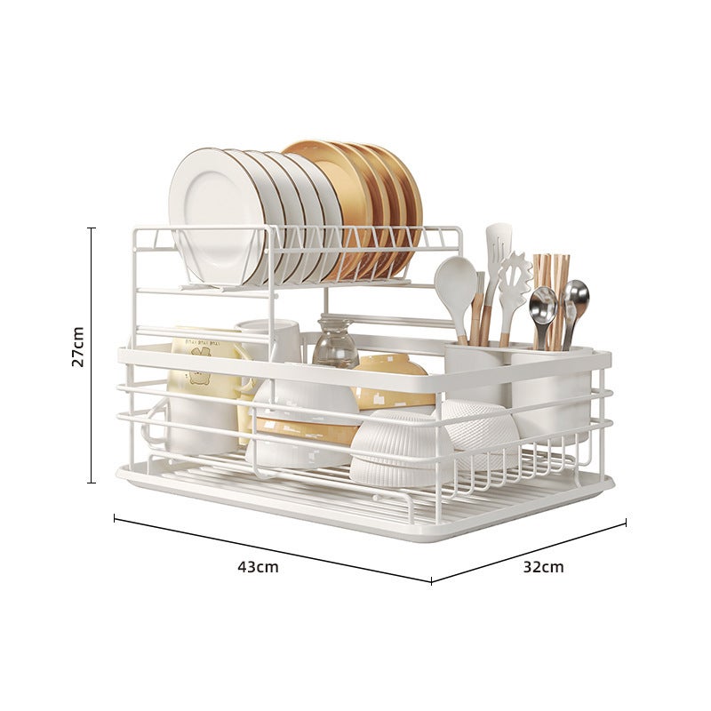 Escurridor de platos de acero inoxidable con cesta para cubiertos y bandeja recogegotas extraíble.