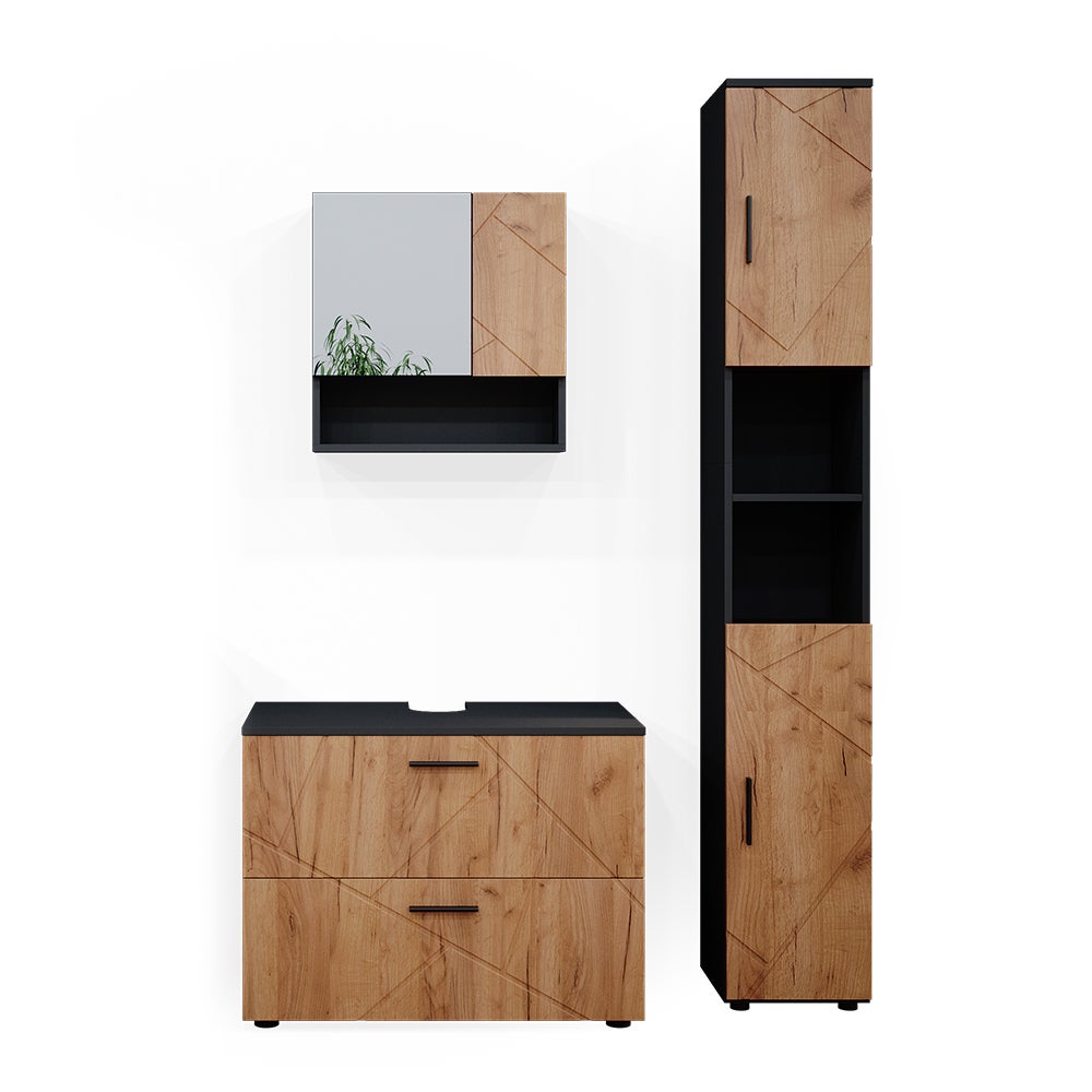Vicco Zestaw mebli łazienkowych Irma, Złoty dąb power/antracyt, 3 części, z szafką z szufladami i szafką wysoką