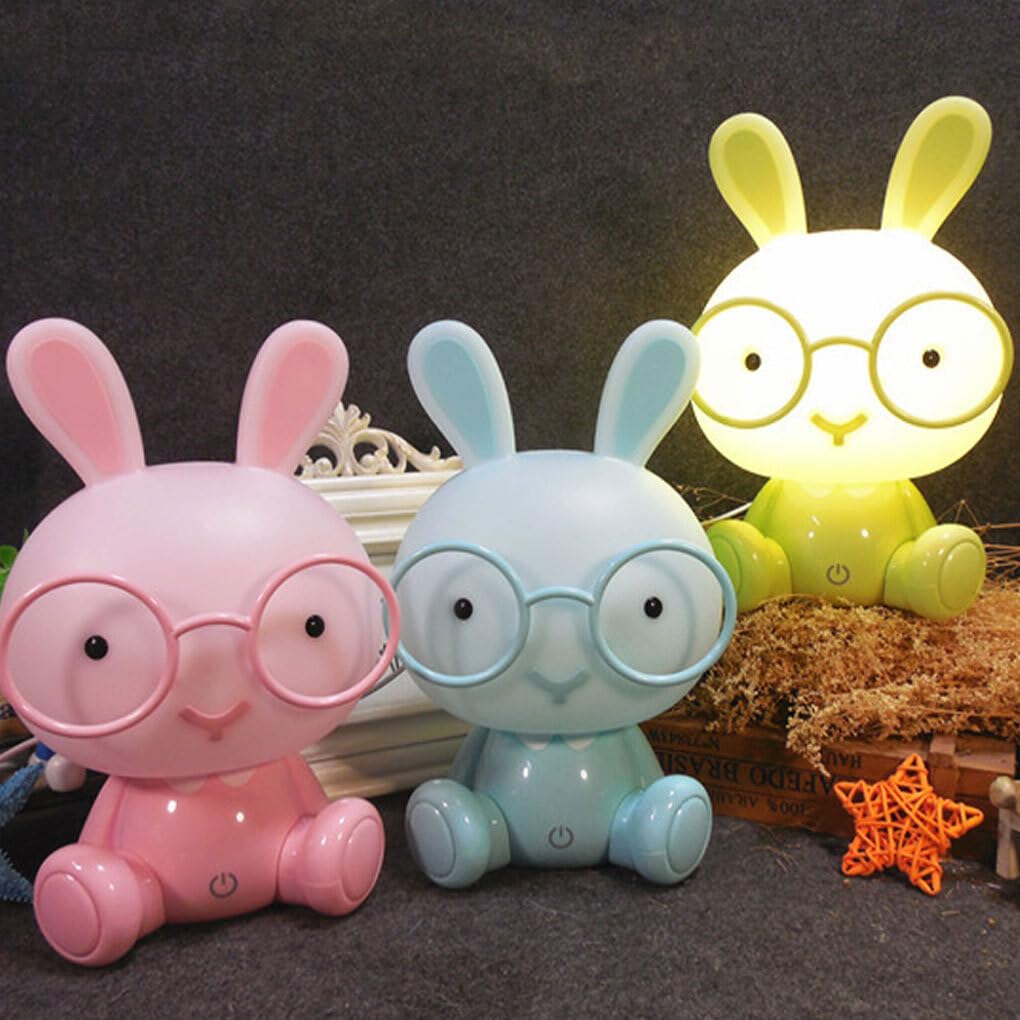 Lâmpada de coelho fofa com óculos sensor de toque LED proteção para os olhos desenho animado mesa luz noturna para crianças, rosa - 5