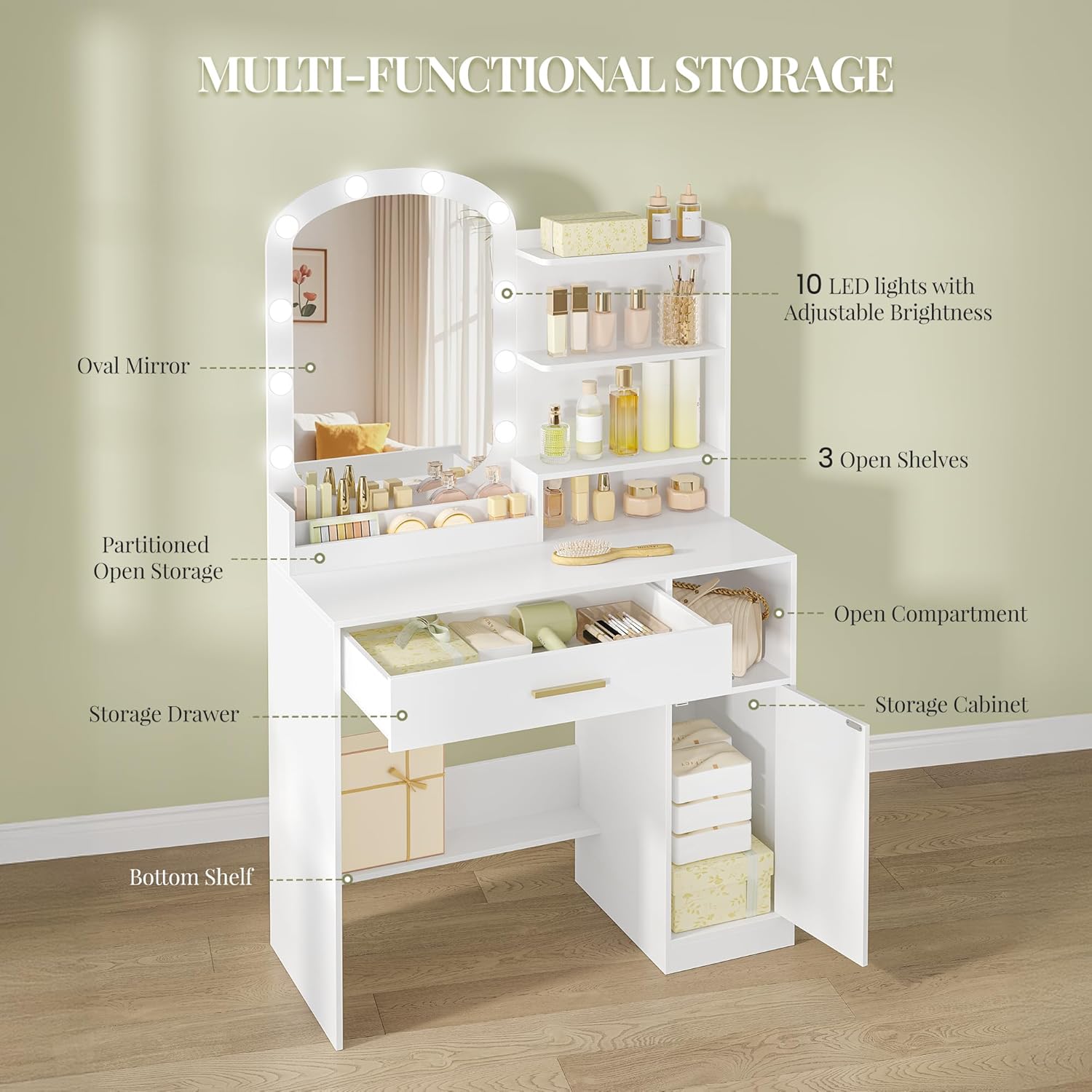 Coiffeuse avec Miroir Ovale, Coiffeuse avec Miroir LED, Luminosité Réglable, Table de Maquillage avec Tiroir, Armoire et Étagères Ouverts, Blanc - 5