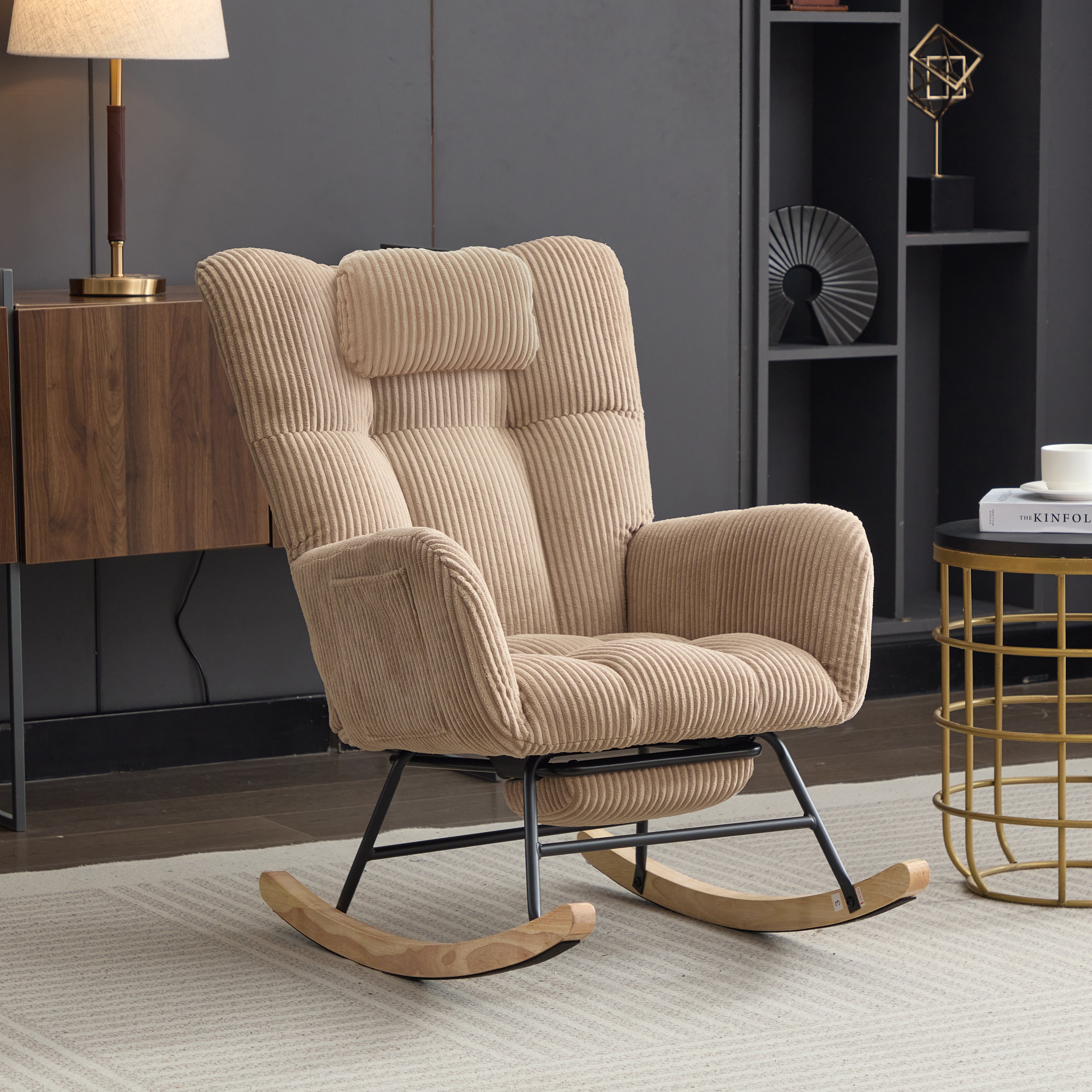 Fotel bujany z regulowanym podnóżkiem i podłokietnikami - 102 x 65 x 92 cm - Sztruks - Brązowy - 2