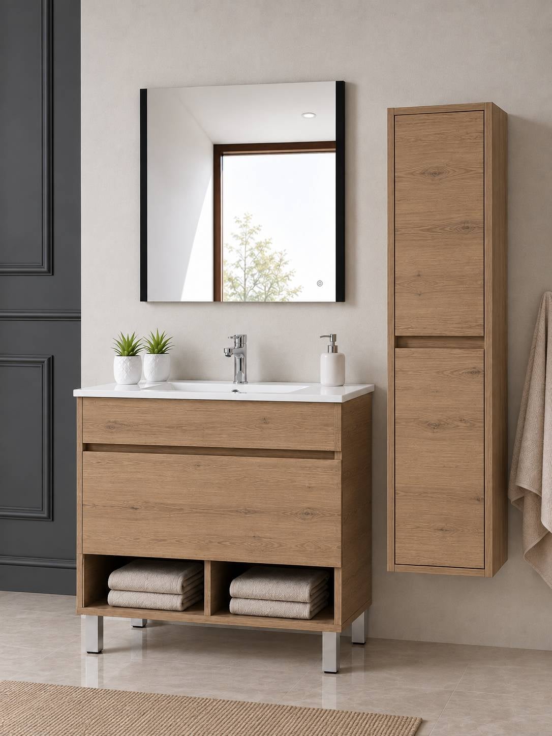Mobilier de baie cu picioare cu lavoar ORIGENBATH NEBARI cu picioare și sertar cu coloană 80x45 cm estepa cu coloană