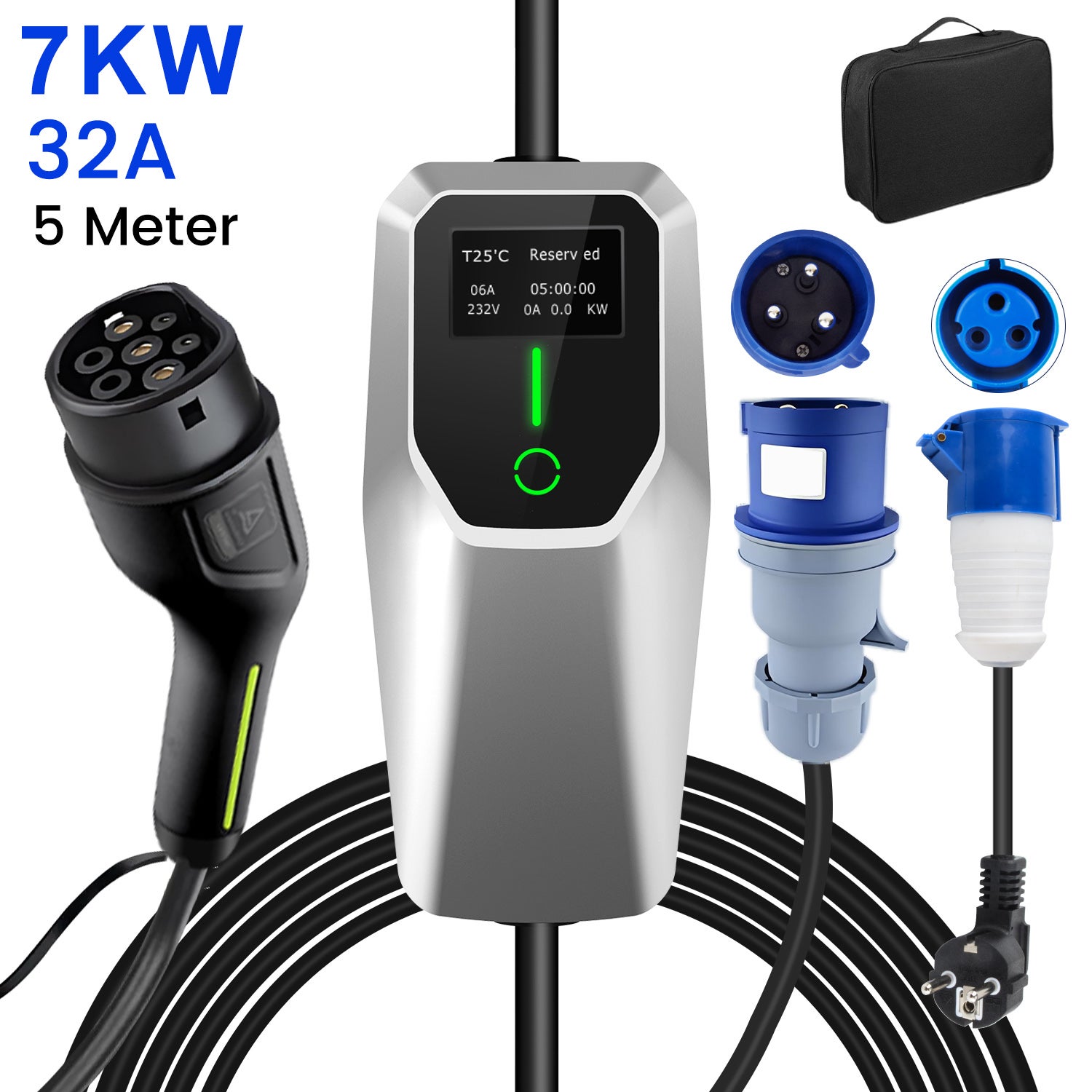 Caricatore Portatile EV 3,6kW – Tipo 2, Cavo 7,5m, Display LCD 2,4", IP67, Corrente Regolabile 6-16A, Schuko