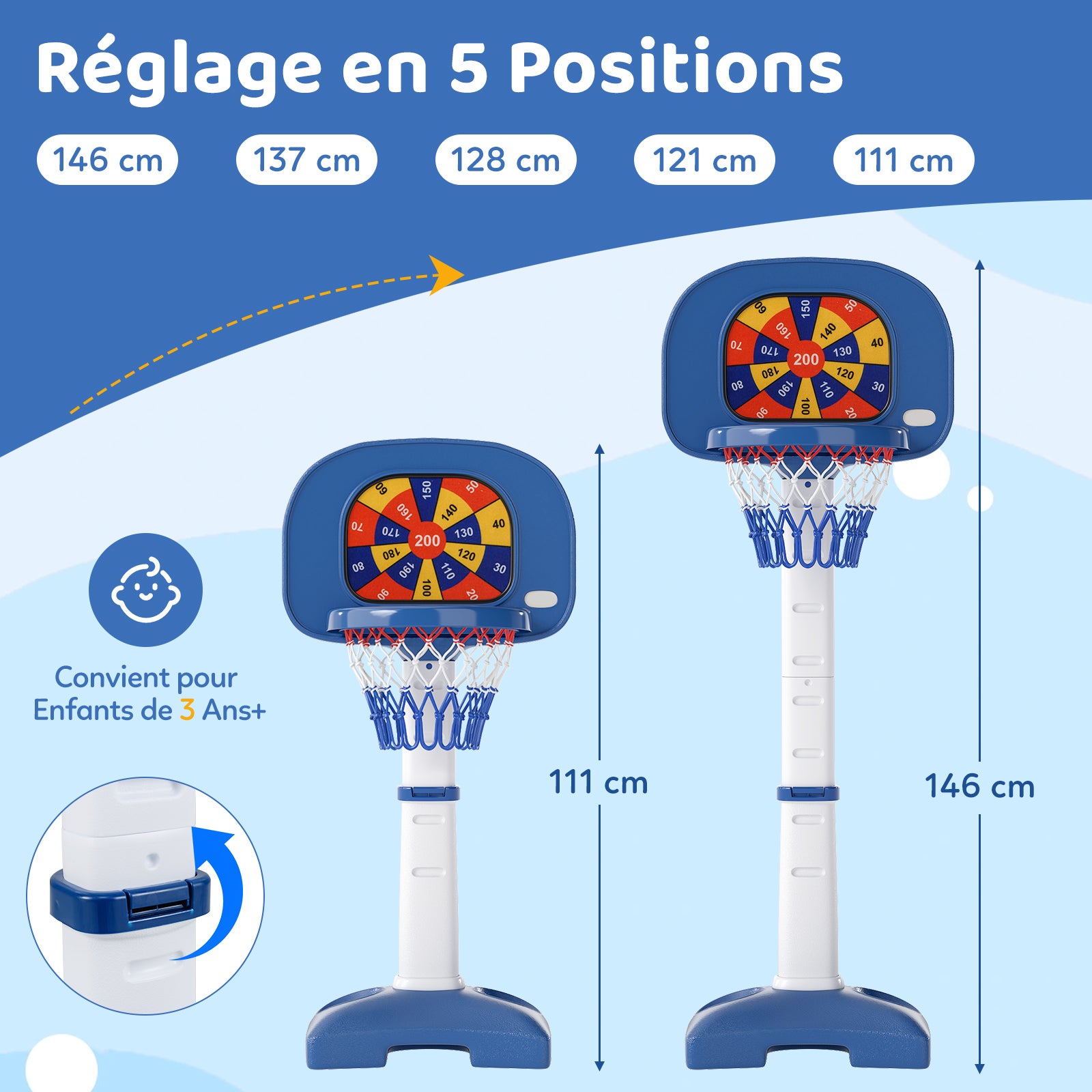 4 en 1 Panier de Basket-Ball Enfants avec Hauteur Réglable(111-146cm), Support de Basket-Ball en HDPE & Golf avec Accessoires Riches, pour 3 Ans+ - 2