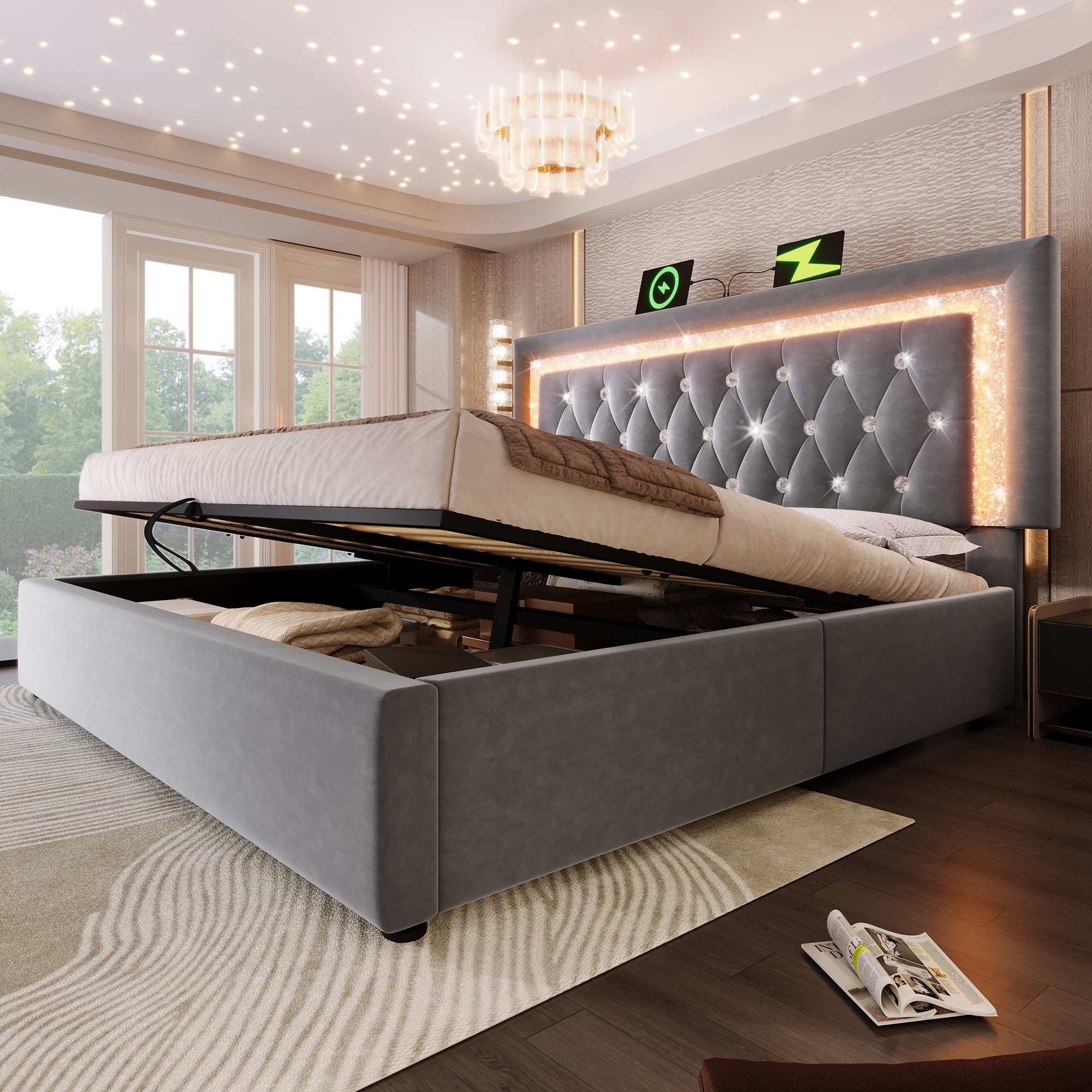 Łóżko tapicerowane z pojemnikiem 180x200 cm z aksamitu - z oświetleniem LED - z portami USB i typu C - z podstawą z listew - szare - 5
