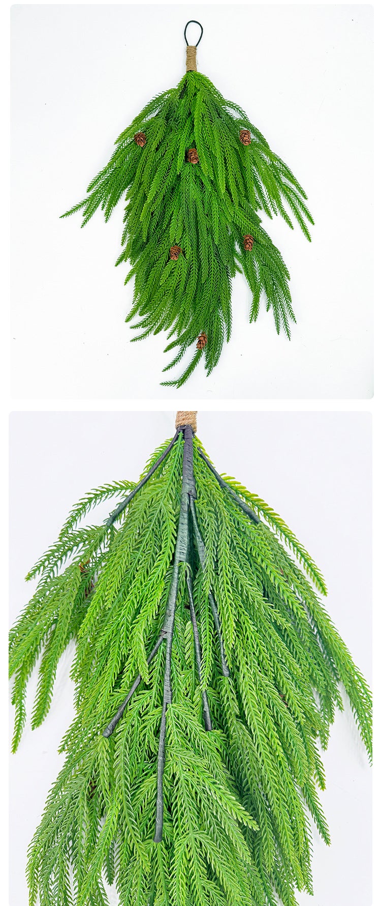 Décoration d'aiguille de pin artificielle simulée, 5 pièces, pomme de pin verte, colle douce, rotin suspendu au mur, 67cm - 5