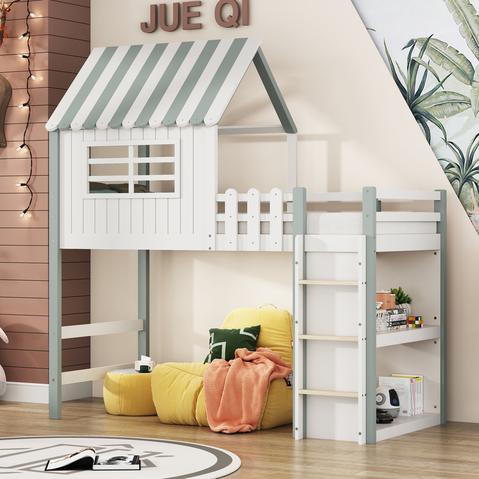 Łóżko piętrowe z litego drewna 90x200 cm - z drabinką i bramką zabezpieczającą - z 2 półkami - Biały