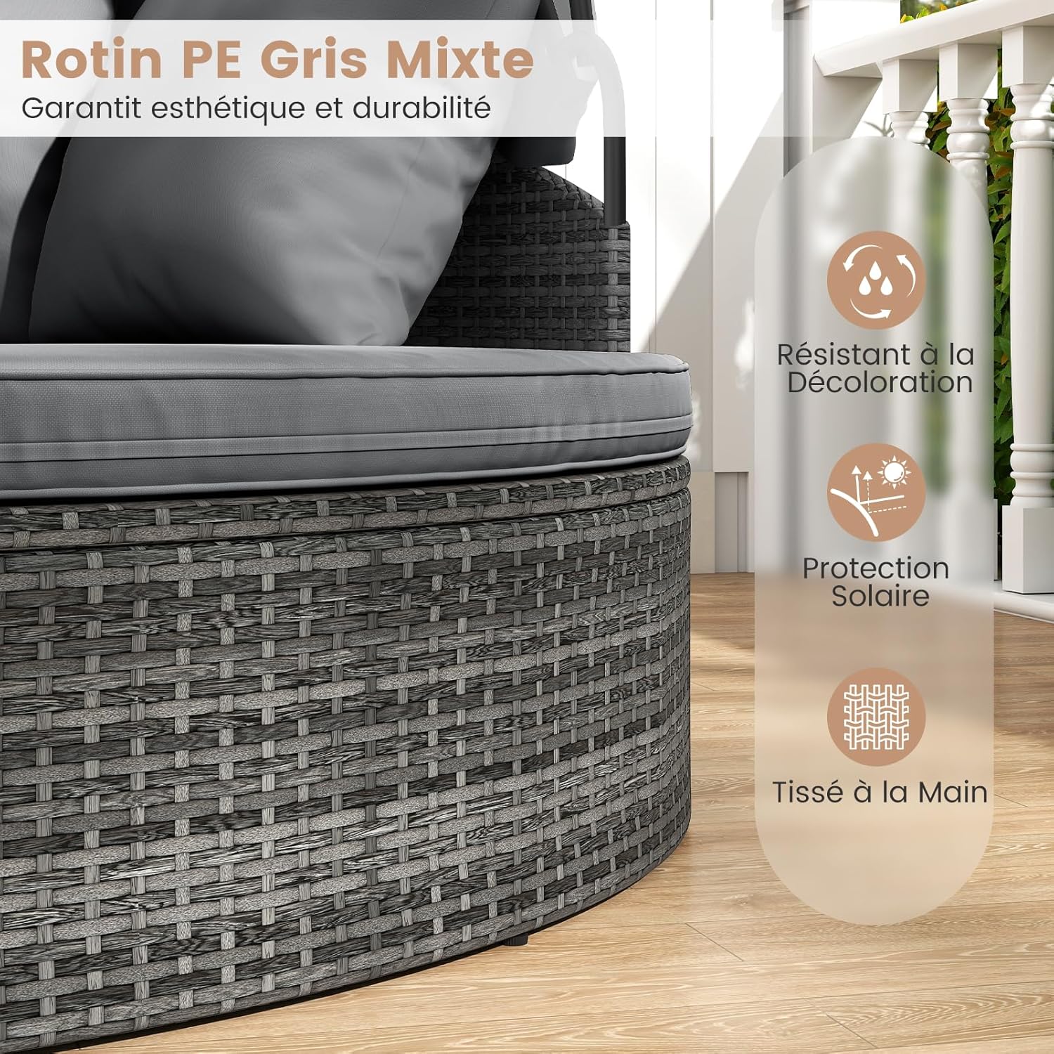 Lit Rond d'Extérieur avec Auvent Rétractable, Canapé d'Extérieur en Sections en Rotin PE avec Coussins, pour Jardin, Piscine, Gris - 5
