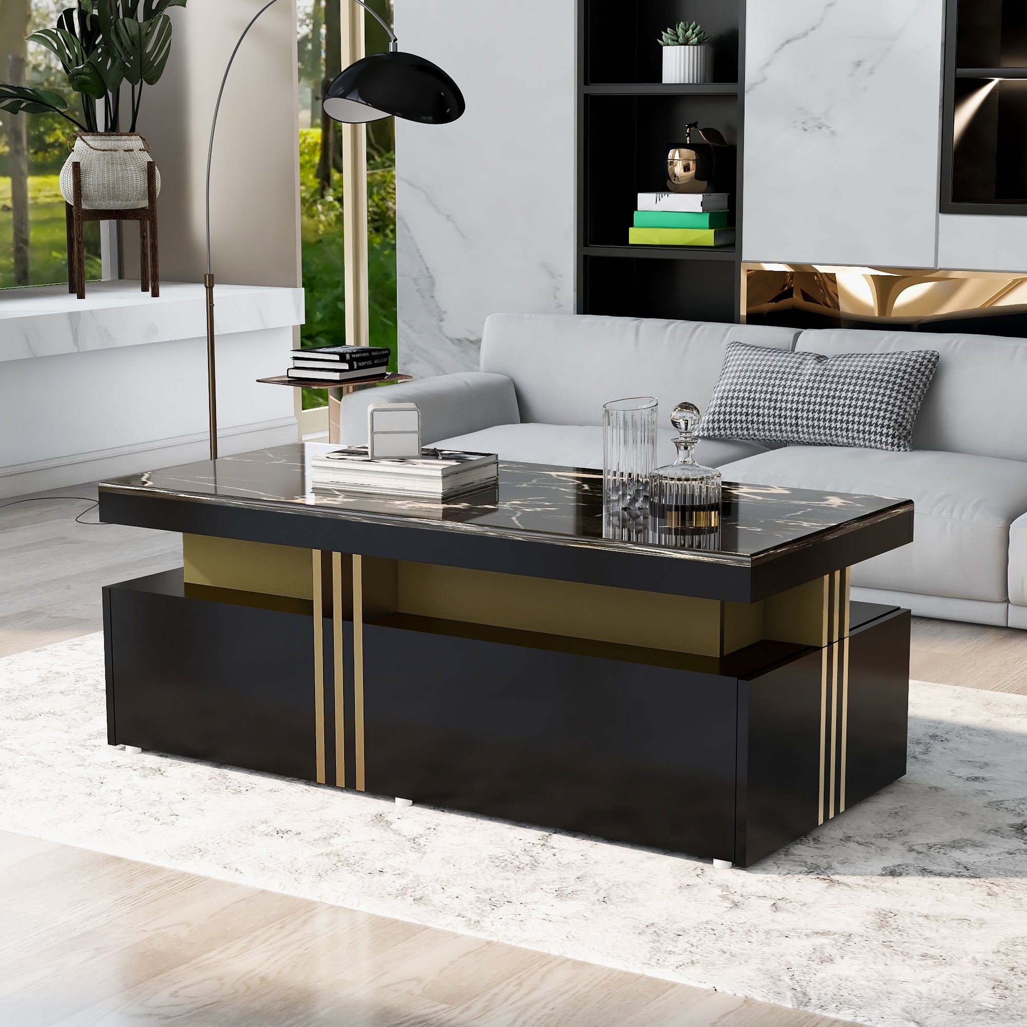 Table basse rectangulaire moderne avec plateau à motif PVC et 2 tiroirs en bois, table de salon, 100 x 50 x 40 cm - 9