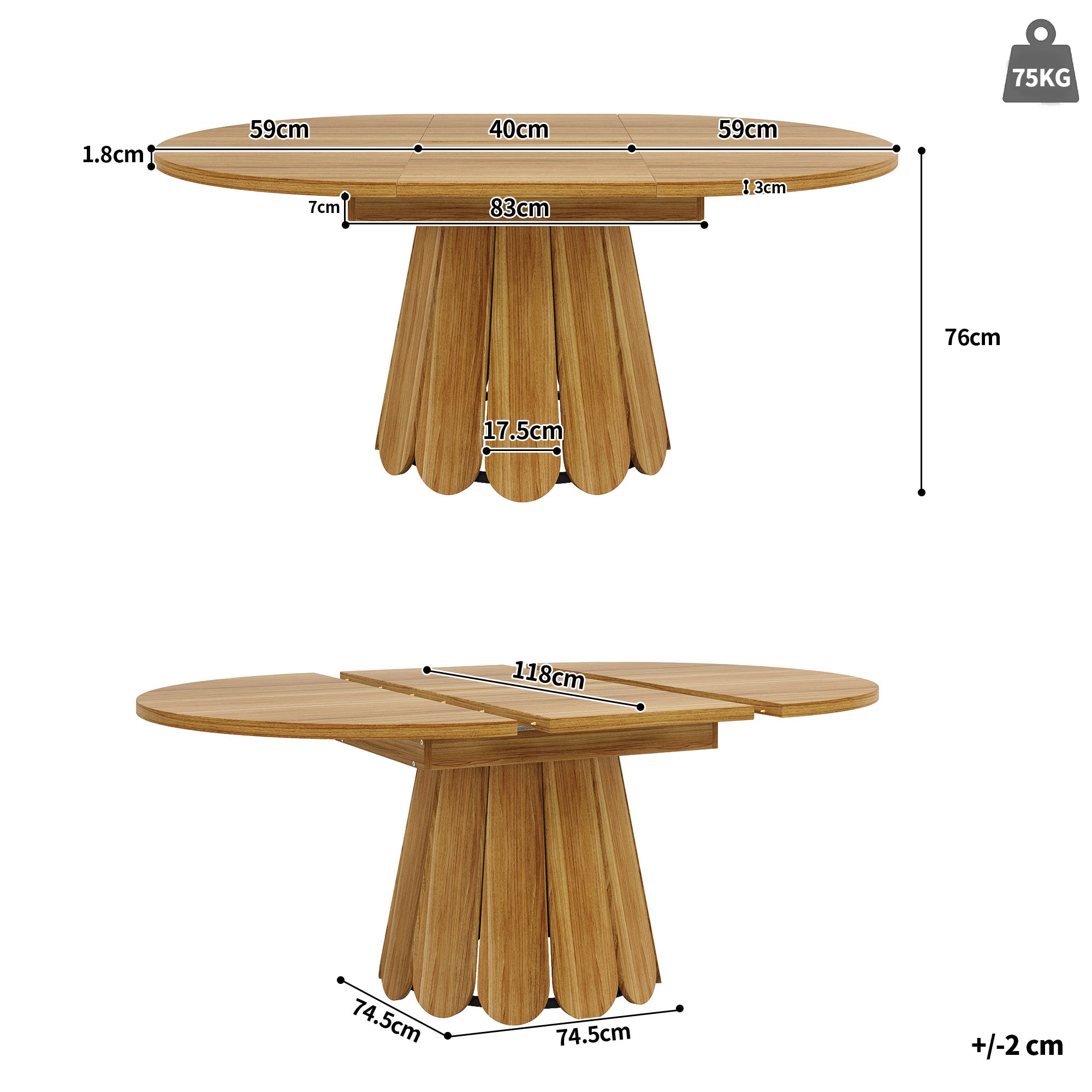Table a Manger Extensible ronde en ovale, Table de cuisine jusqu'à 6 couverts, Pour Balcon et Salon, Marron(118×118~158×76,8cm) - 8