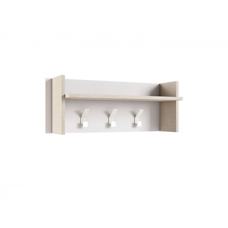 Perchero de pared con estante y 3 ganchos, blanco y roble, 90x29x34 cm - terraneo
