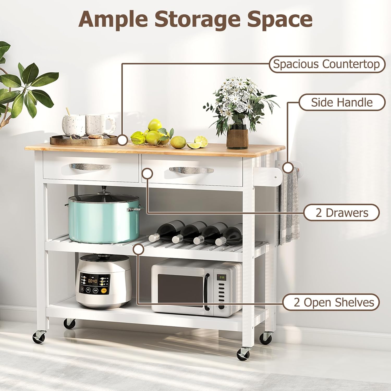 Carrello da cucina con ruote, carrello di servizio, piano di lavoro in legno di caucciù, 2 cassetti, 2 ripiani, isola cucina (Bianco) - 4