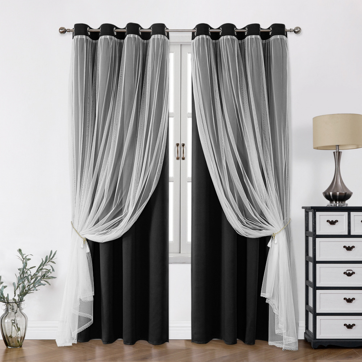 Par de cortinas opacas y traslúcidas con ojales para ventana, ancho 1,32 m x alto 2,13 m, negro