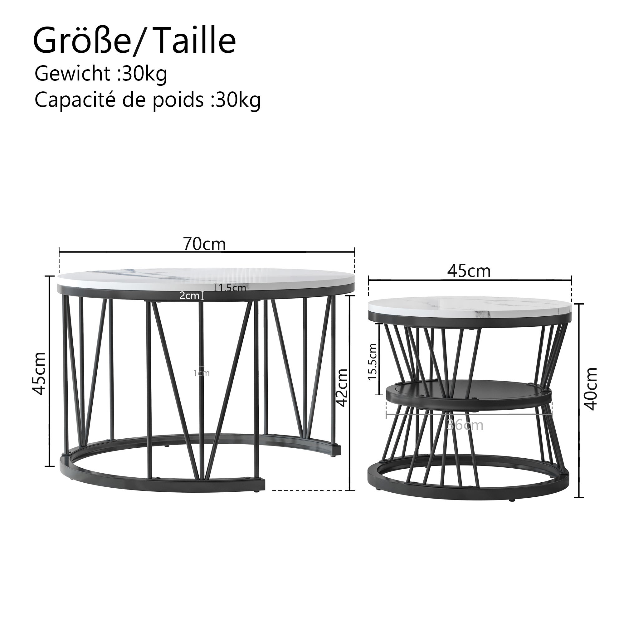 Ensemble de 2 Tables Basses Rondes, Tables Gigognes de Salon Modernes avec Pieds en Métal Doré, Noir et Blanc(70 x 45cm) - 2