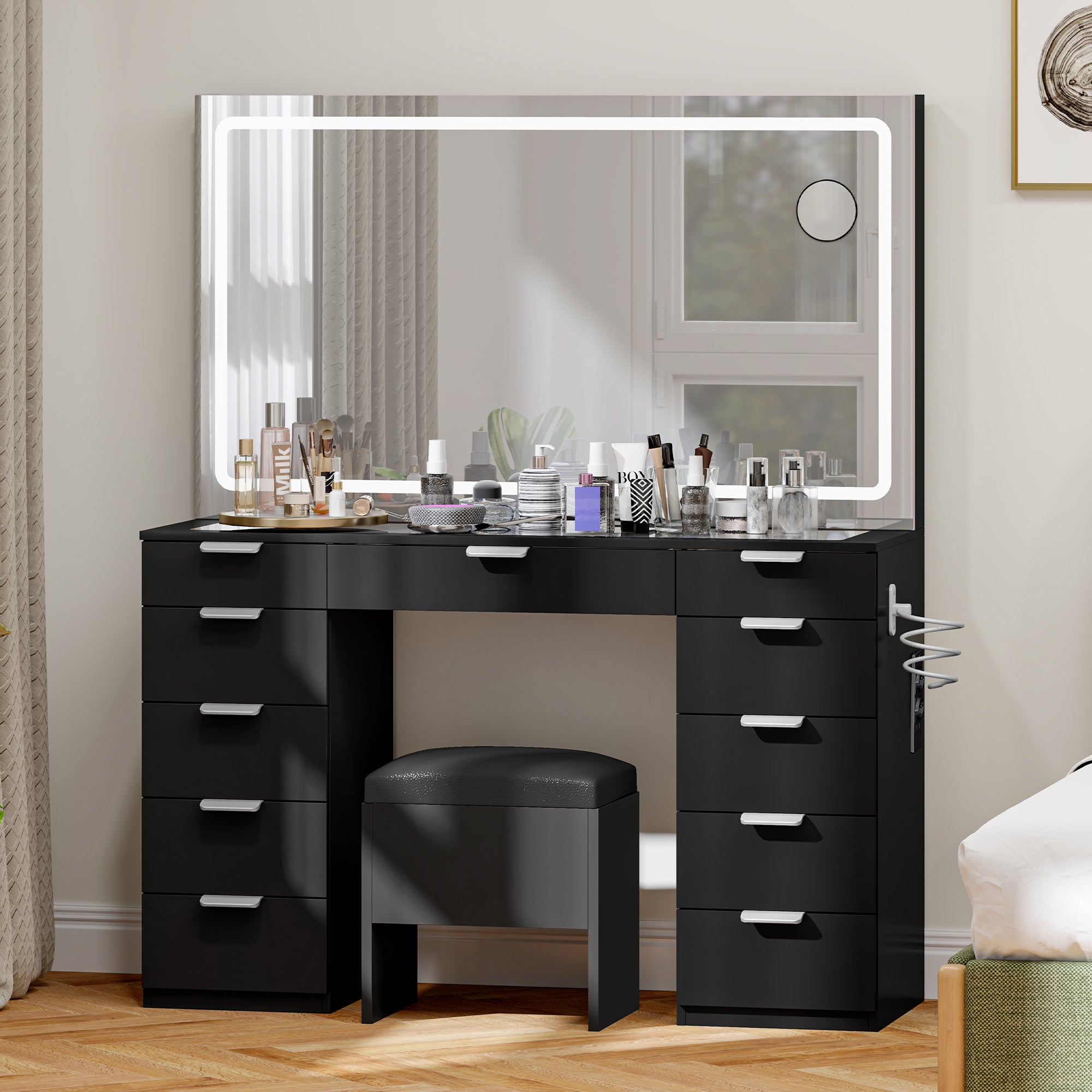 Buildonely Coiffeuse avec éclairage LED, 3 températures de couleur et luminosité réglable, avec miroir, 1 tabouret, 6 tiroirs, moderne, noire, 36 x 80 x 131 cm