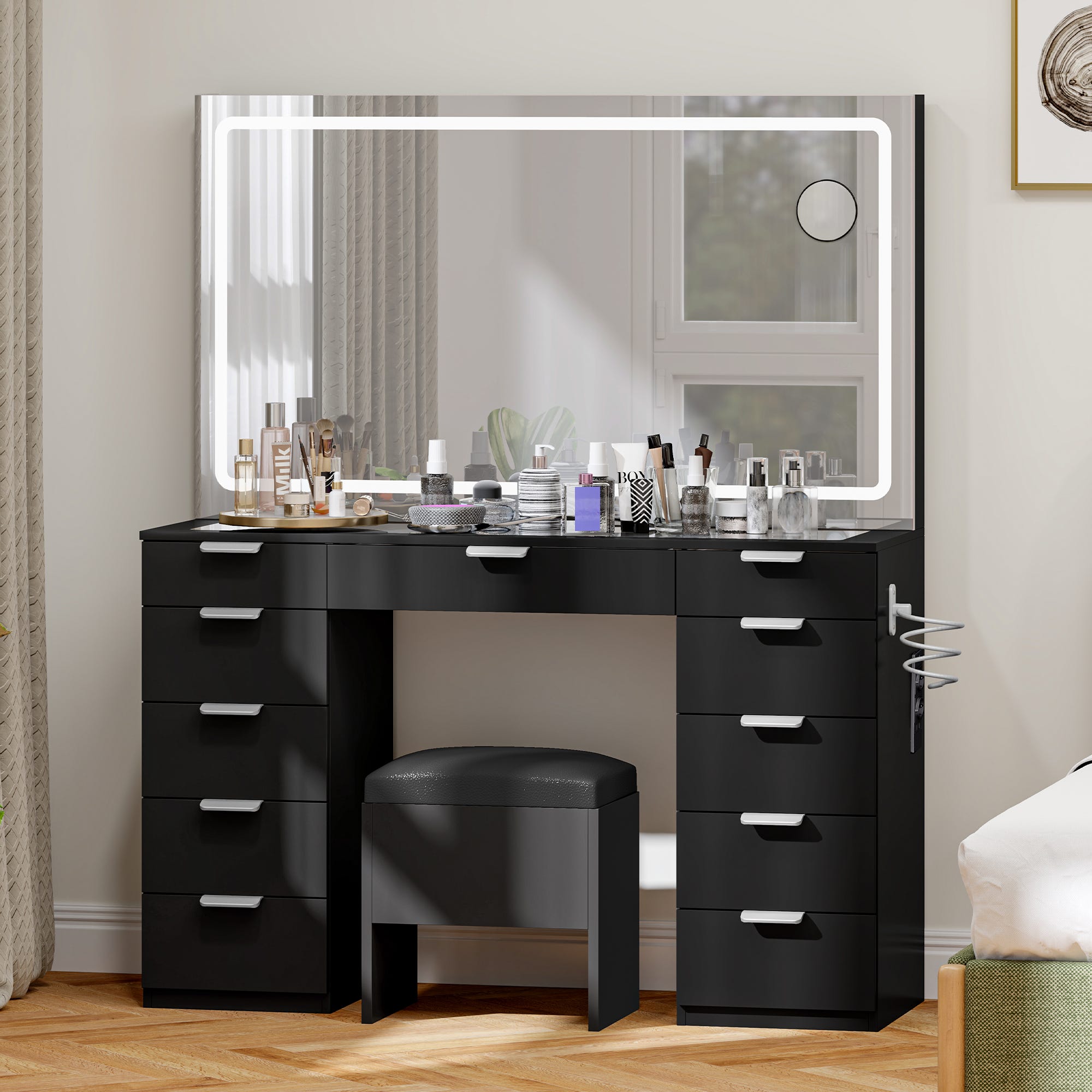 Buildonely Coiffeuse avec éclairage LED, 3 températures de couleur et luminosité réglable, avec miroir, 1 tabouret, 6 tiroirs, moderne, noire, 36 x 80 x 131 cm Buildonely Coiffeuse avec éclairage LED, 3 températures de couleur et luminosité réglable, avec miroir, 1 tabouret, 6 tiroirs, moderne, noire, 36 x 80 x 131 cm