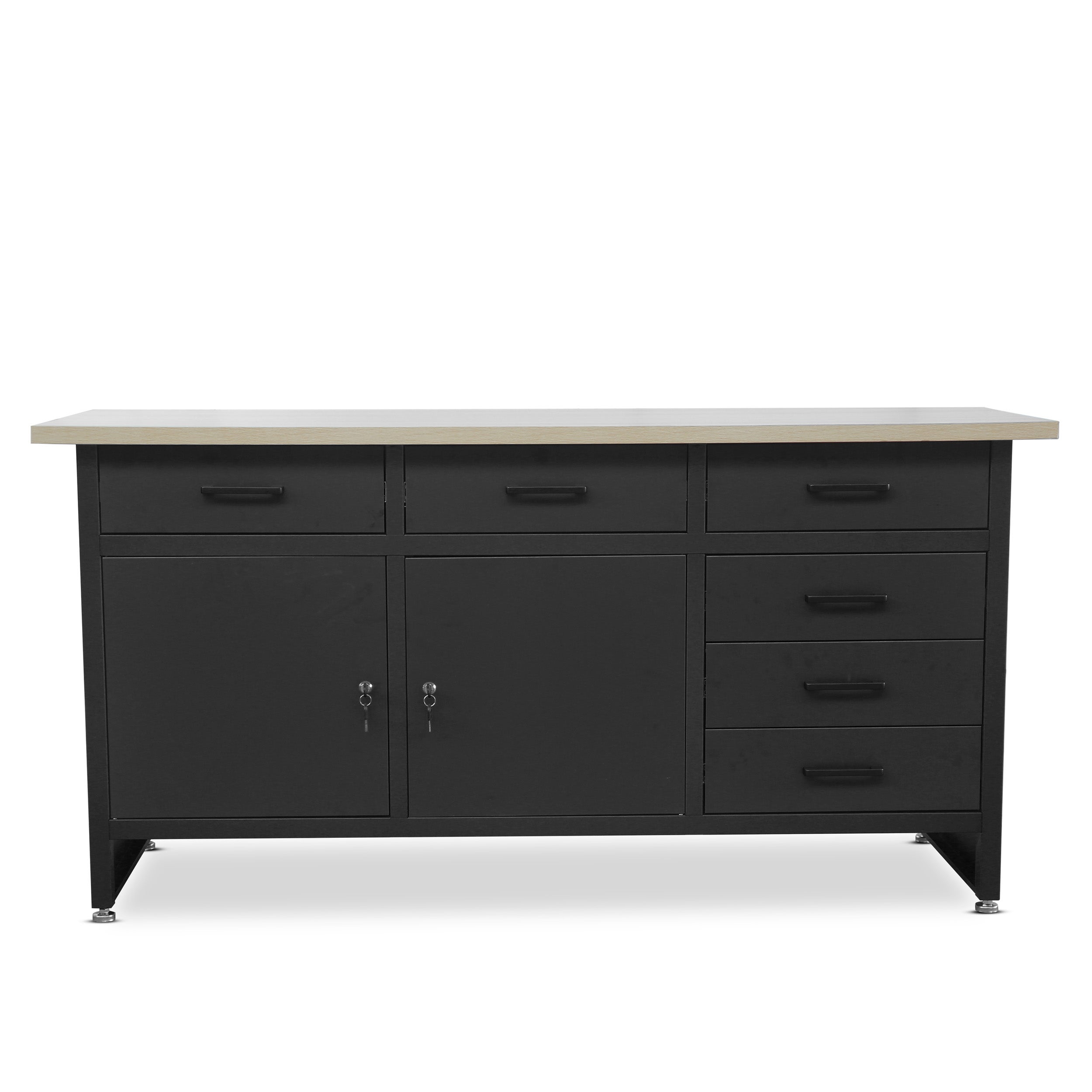 Bancada de trabalho metálica com 6 gavetas, compartimento com chave e pés ajustáveis 170x60x85 cm preto - 2