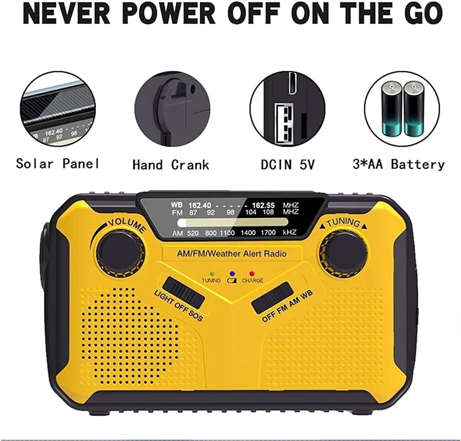 Rádio meteorológico de emergência, banco de energia móvel, rádio de manivela solar, rádio AM/FM portátil, amarelo - 6