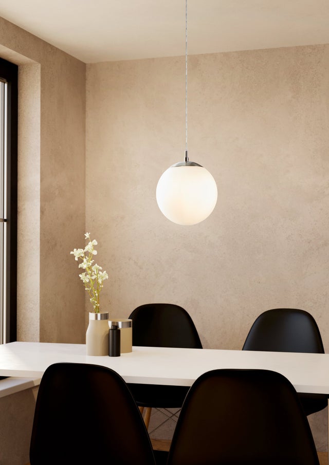EGLO lampadario Rondo a 1 luce, metallo argentato e vetro bianco opalino, per cucina, sala da pranzo, soggiorno, camera da letto, attacco E27, Ø20 cm