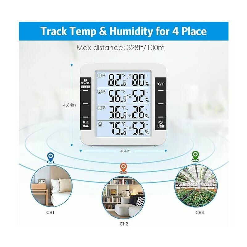 Thermomètre intérieur et extérieur avec 3 capteurs sans fil pour surveiller l'humidité et la température (℃/℉) - 2