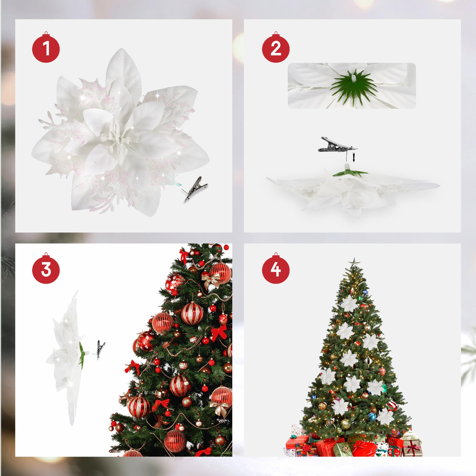 Lot de 10 décorations de Noël, fleurs artificielles scintillantes avec clips, décorations pour sapin de Noël, pendentifs de fleurs artificielles - 5