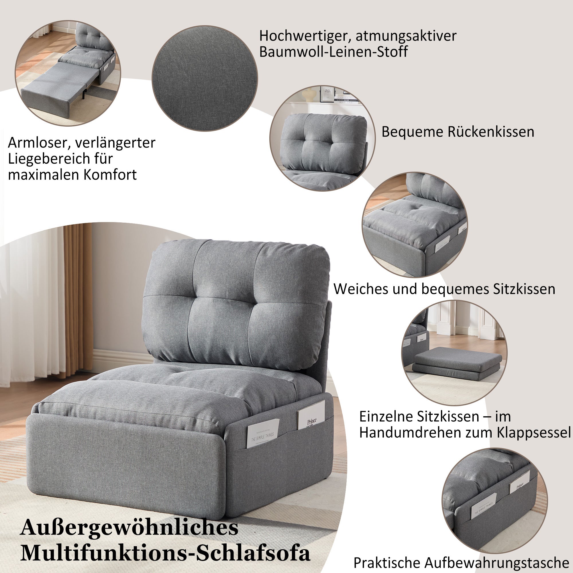 Sofa 2 w 1 z łóżkiem lnianym i metalowymi nogami – 81,5 x 92/195 x 90 cm – kieszenie do przechowywania – szara - 8