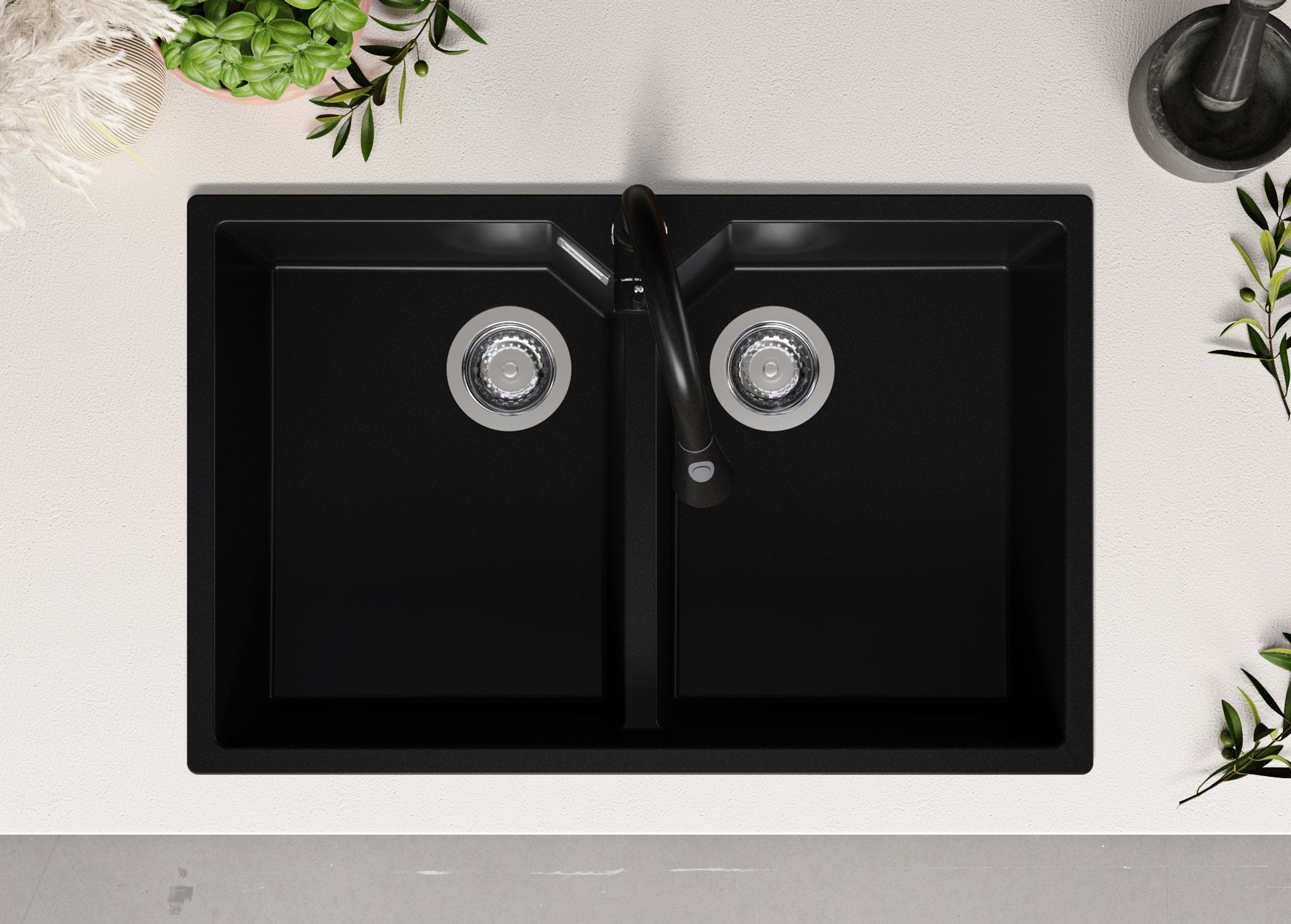 Evier Cuisine en Granit Noir 78x50cm, Lavabo 2 bacs + Kit de Vidage, Évier à Encastrer au meuble 80cm - Madrid Twin PRIMAGRAN - 4