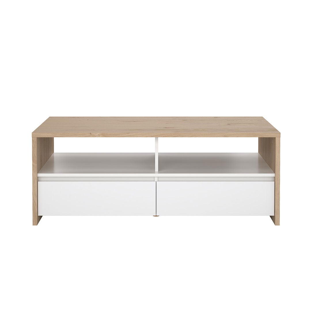 Next stolik kawowy 2 szuflady, 2 półki dekor dębowy, biały połysk.