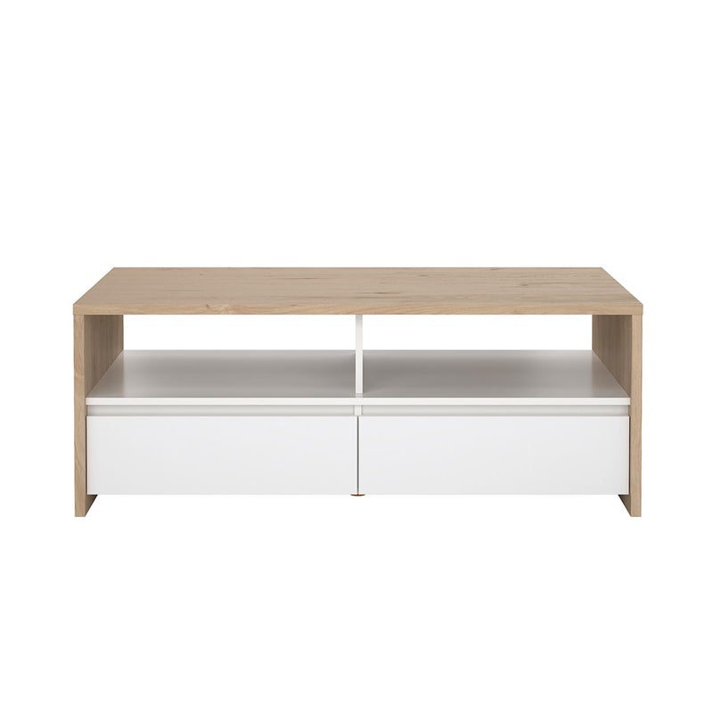 Next stolik kawowy 2 szuflady, 2 półki dekor dębowy, biały połysk.