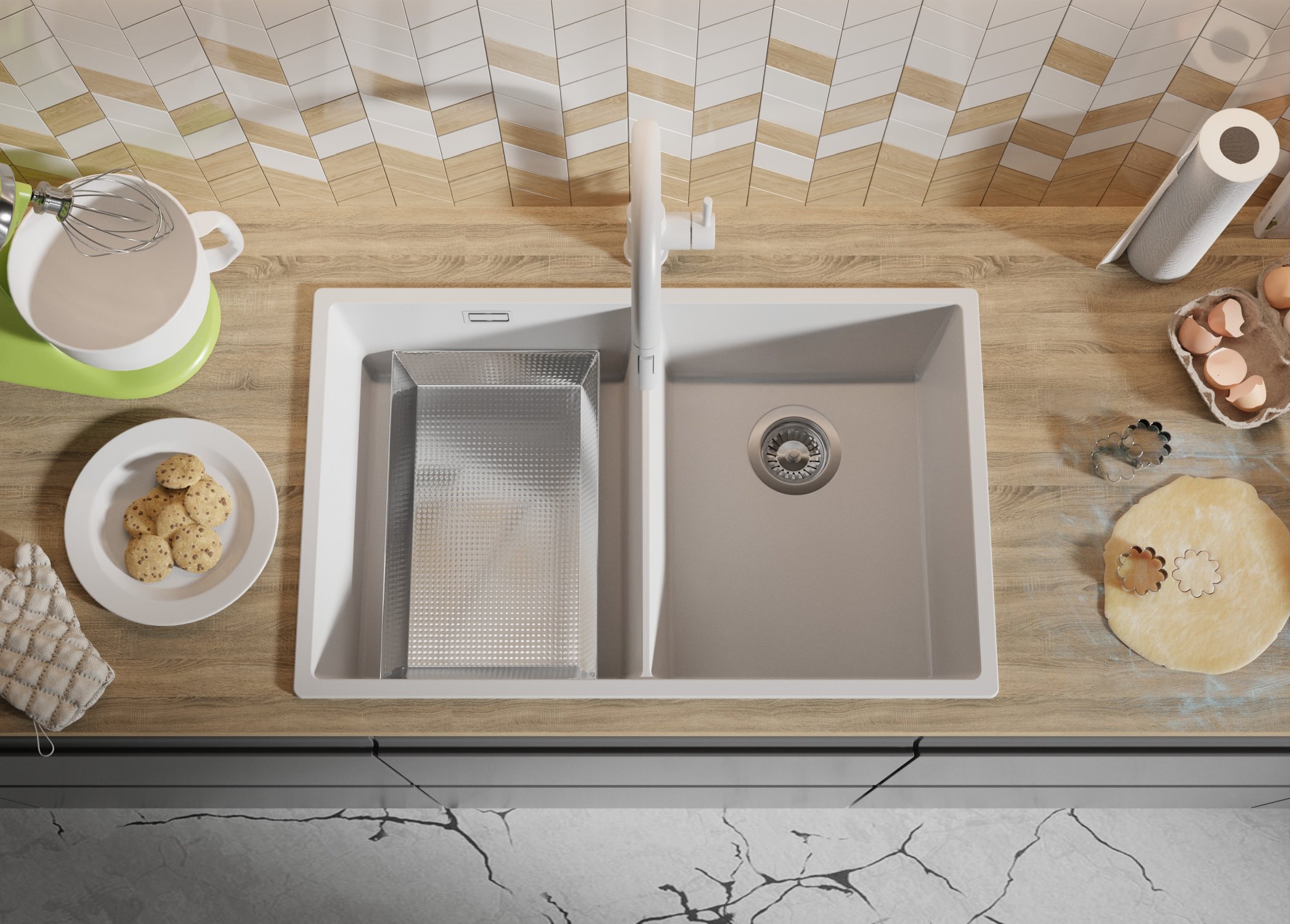 Lavello da Cucina Bianco 76x47cm, Lavandino in Granito a 2 vasche + Sifone Classico + Accessori, Lavabo da Cucina Incasso al mobile 80cm PRIMAGRAN - 8