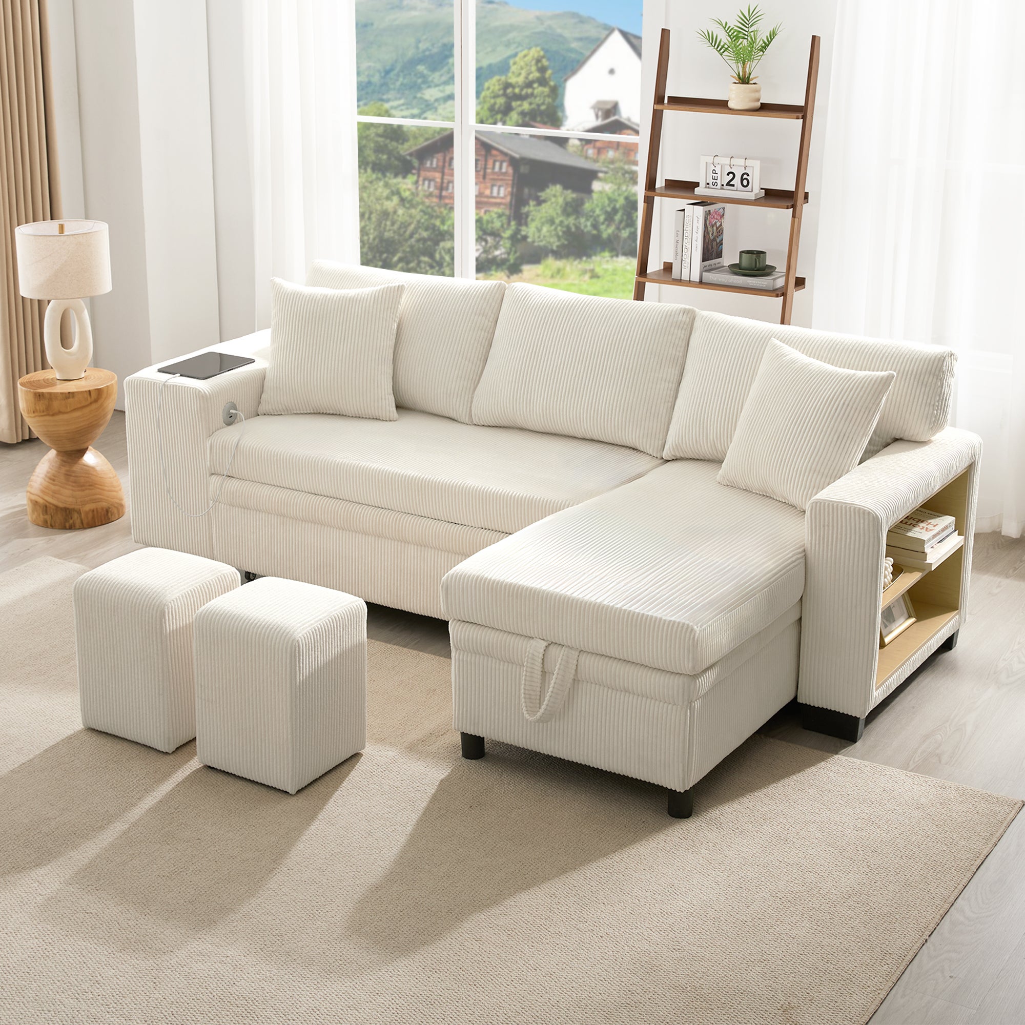 Canapé d'angle 3-4 places convertible en lit avec prise de USB et tablette latérale - 209 x 130 x 84 cm - Tissu Velours - 2 tabourets - beige - 4