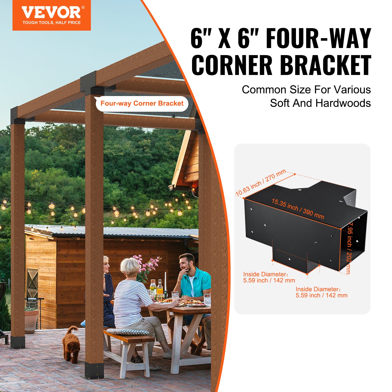 ITeVe.GD Staffa angolare a 3 vie, in acciaio zincato, per legno da 10,2 x 10,2 cm, in metallo, fai da te, per gazebo all'aperto, capanne di tronchi