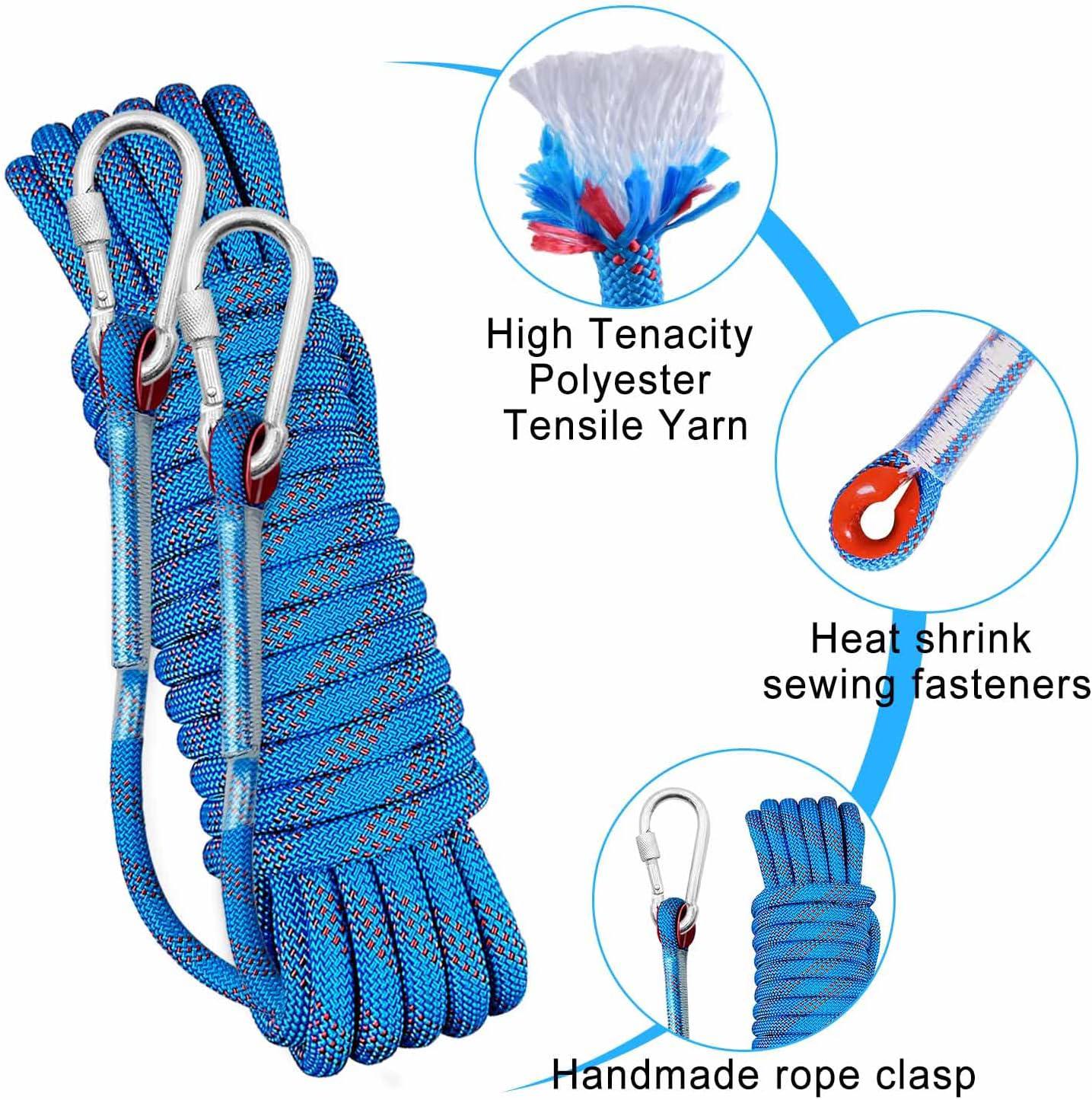 Longe d'escalade de 10 m, corde en nylon, 10 mm, avec 2 mousquetons, adaptée à l'escalade, à la descente en rappel, au sauvetage sportif - 4