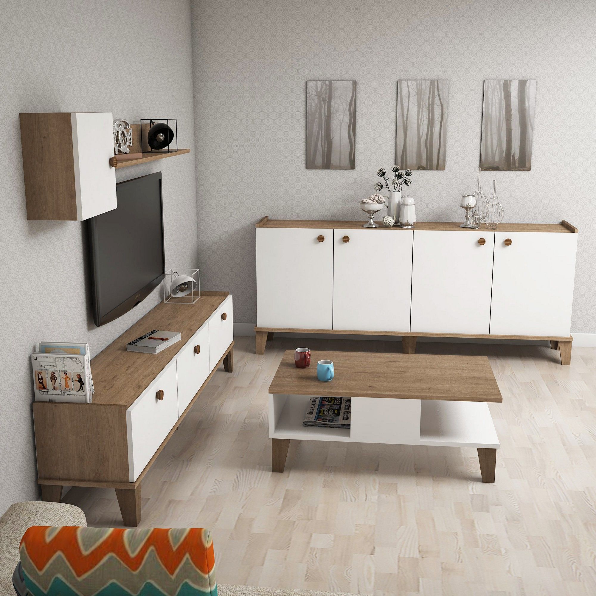 Mobilier living SUMER G7020, alb/stejar, PAL melaminat, 4 piese | Leroy ...